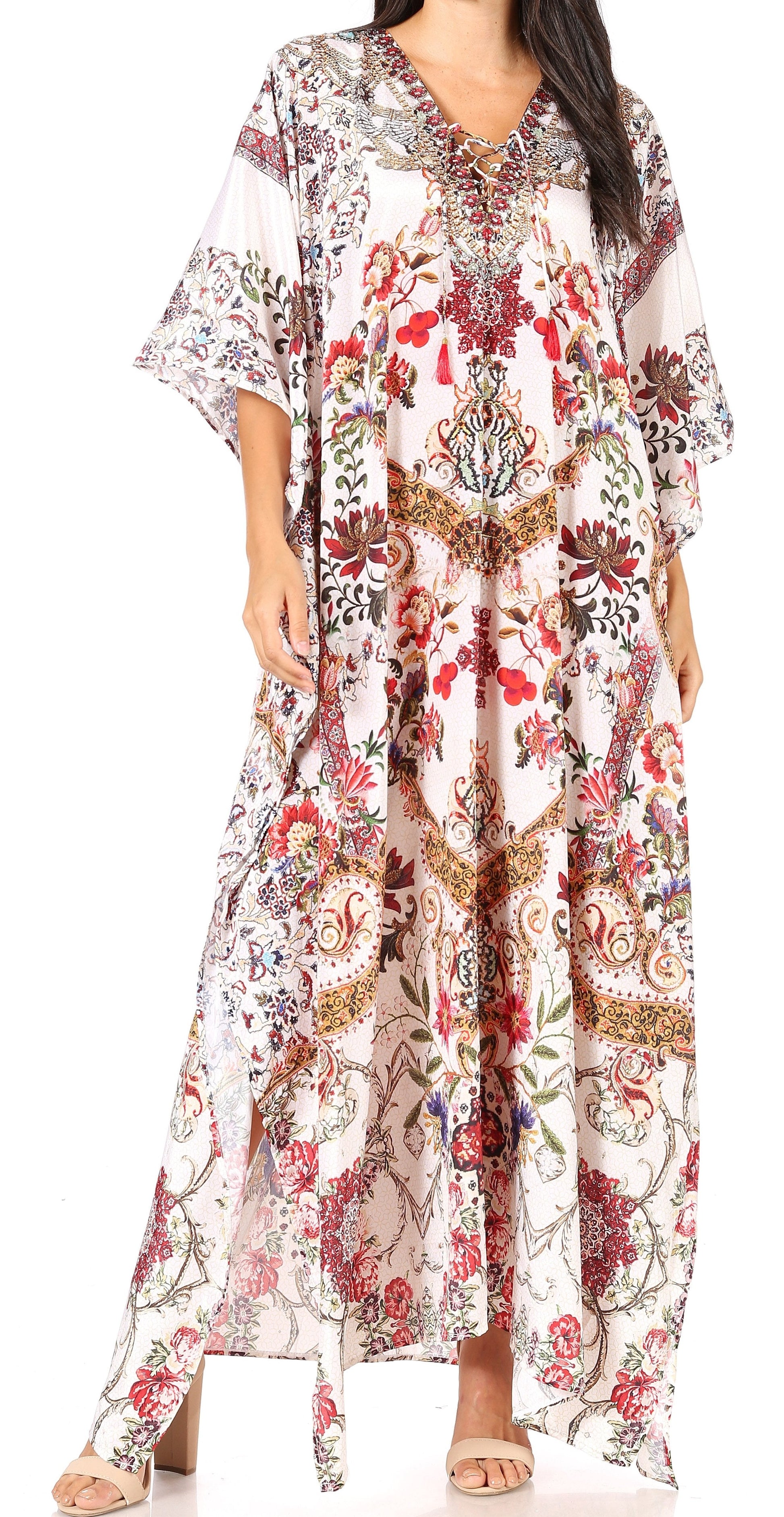 Sakkas Yeni Women's Short Sleeve V-neck Summer Floral Long Caftan Dress Cover-up - Concordia Style Boutique