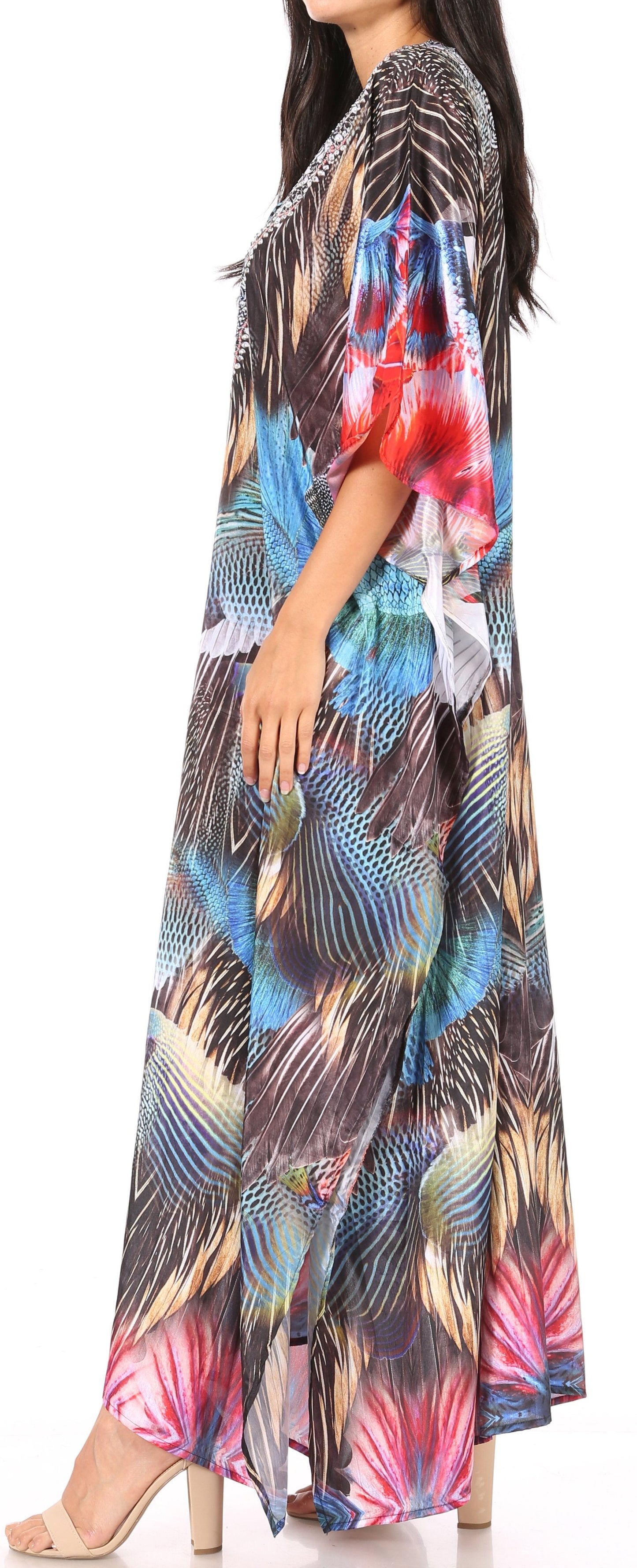 Sakkas Yeni Women's Short Sleeve V-neck Summer Floral Long Caftan Dress Cover-up - Concordia Style Boutique