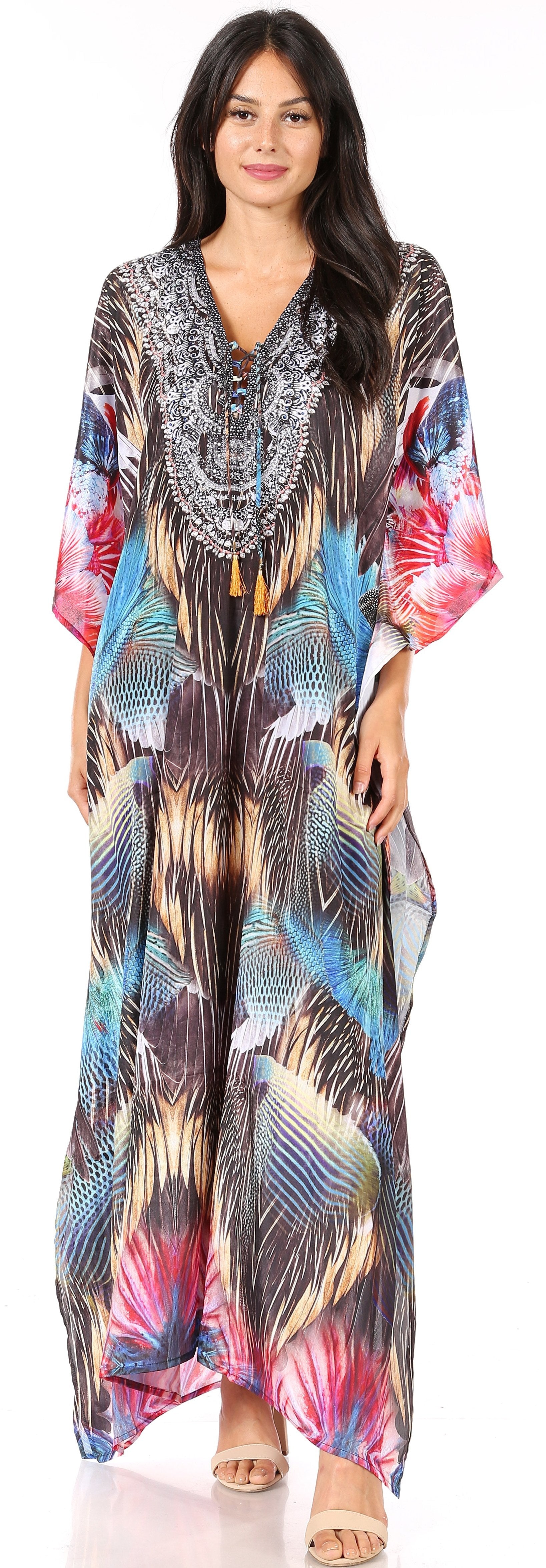 Sakkas Yeni Women's Short Sleeve V-neck Summer Floral Long Caftan Dress Cover-up - Concordia Style Boutique