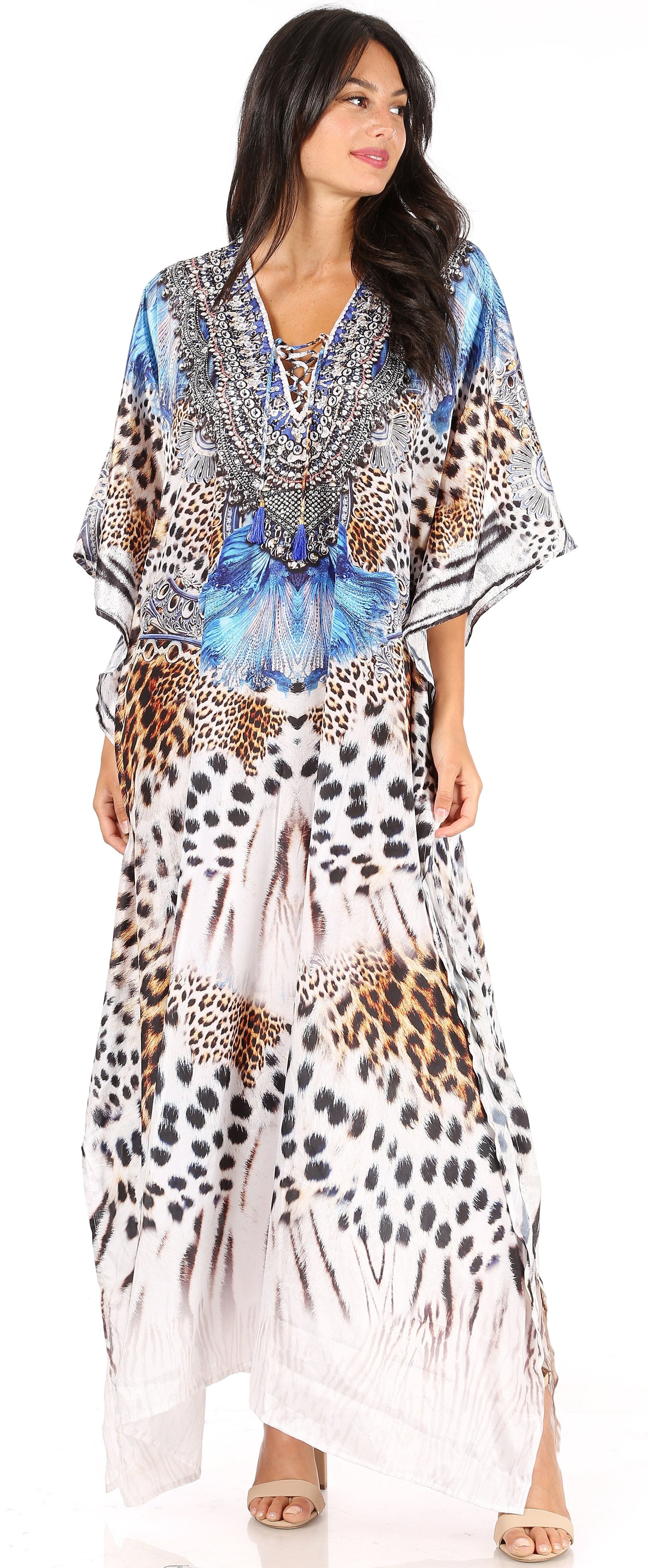 Sakkas Yeni Women's Short Sleeve V-neck Summer Floral Long Caftan Dress Cover-up - Concordia Style Boutique