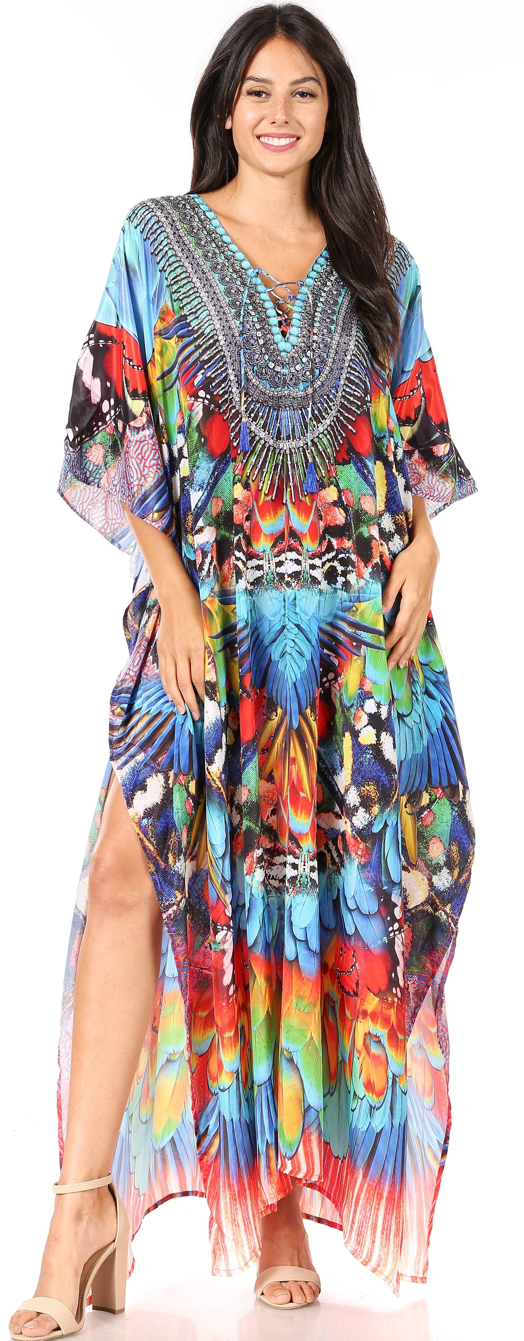 Sakkas Yeni Women's Short Sleeve V-neck Summer Floral Long Caftan Dress Cover-up - Concordia Style Boutique