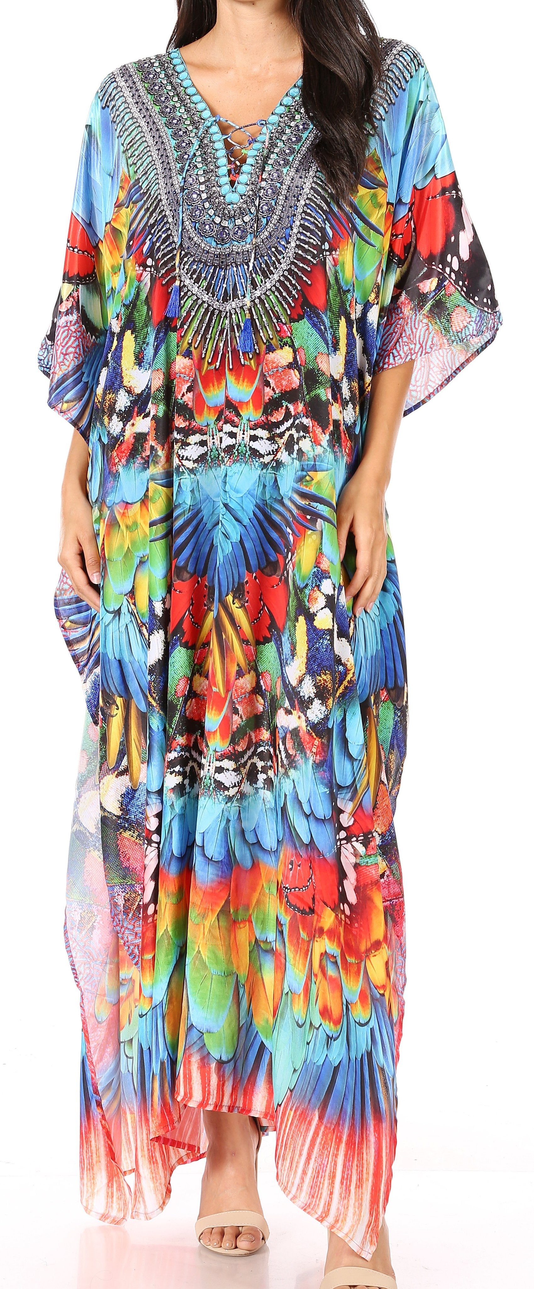 Sakkas Yeni Women's Short Sleeve V-neck Summer Floral Long Caftan Dress Cover-up - Concordia Style Boutique