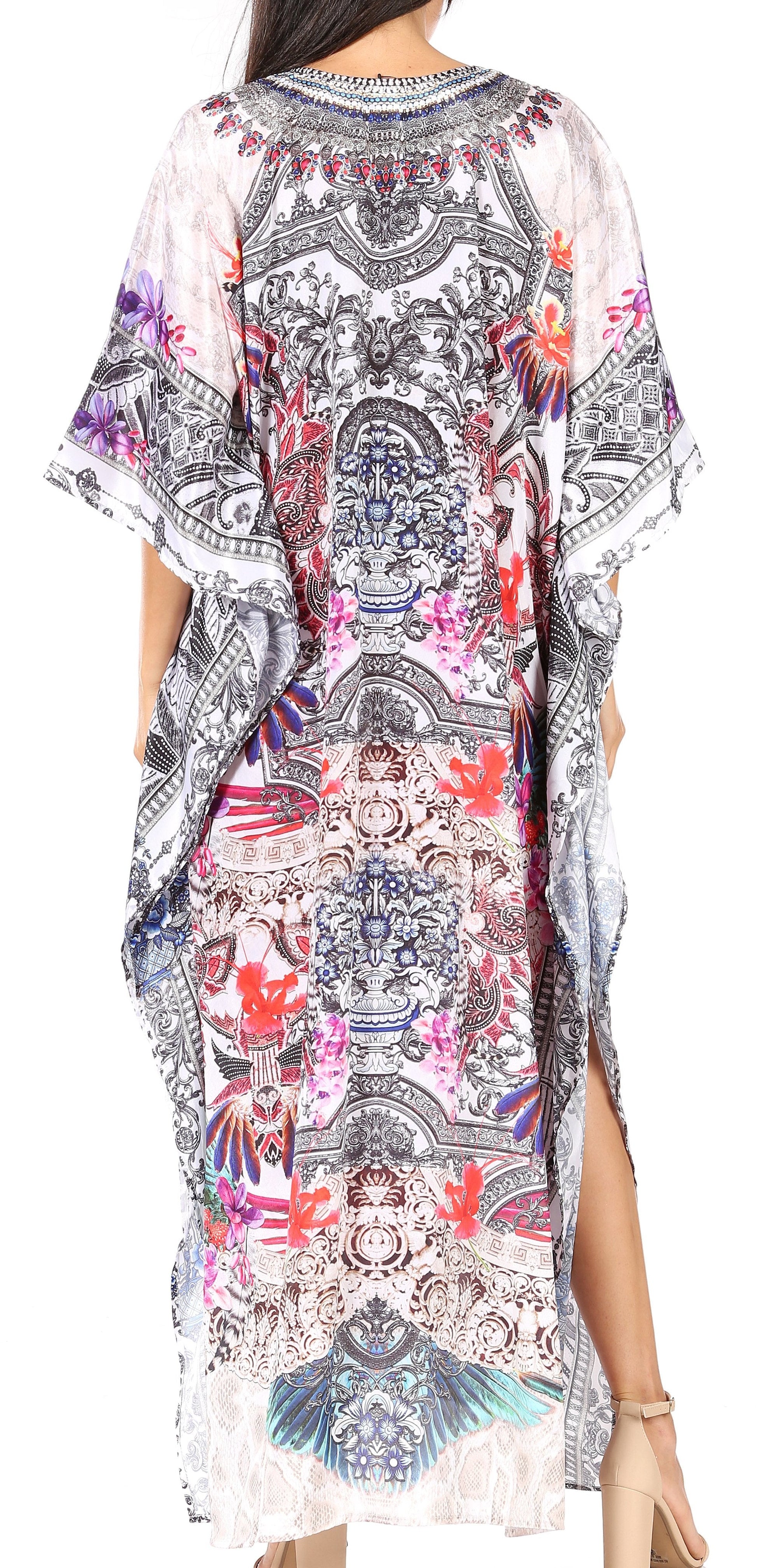 Sakkas Yeni Women's Short Sleeve V-neck Summer Floral Long Caftan Dress Cover-up - Concordia Style Boutique