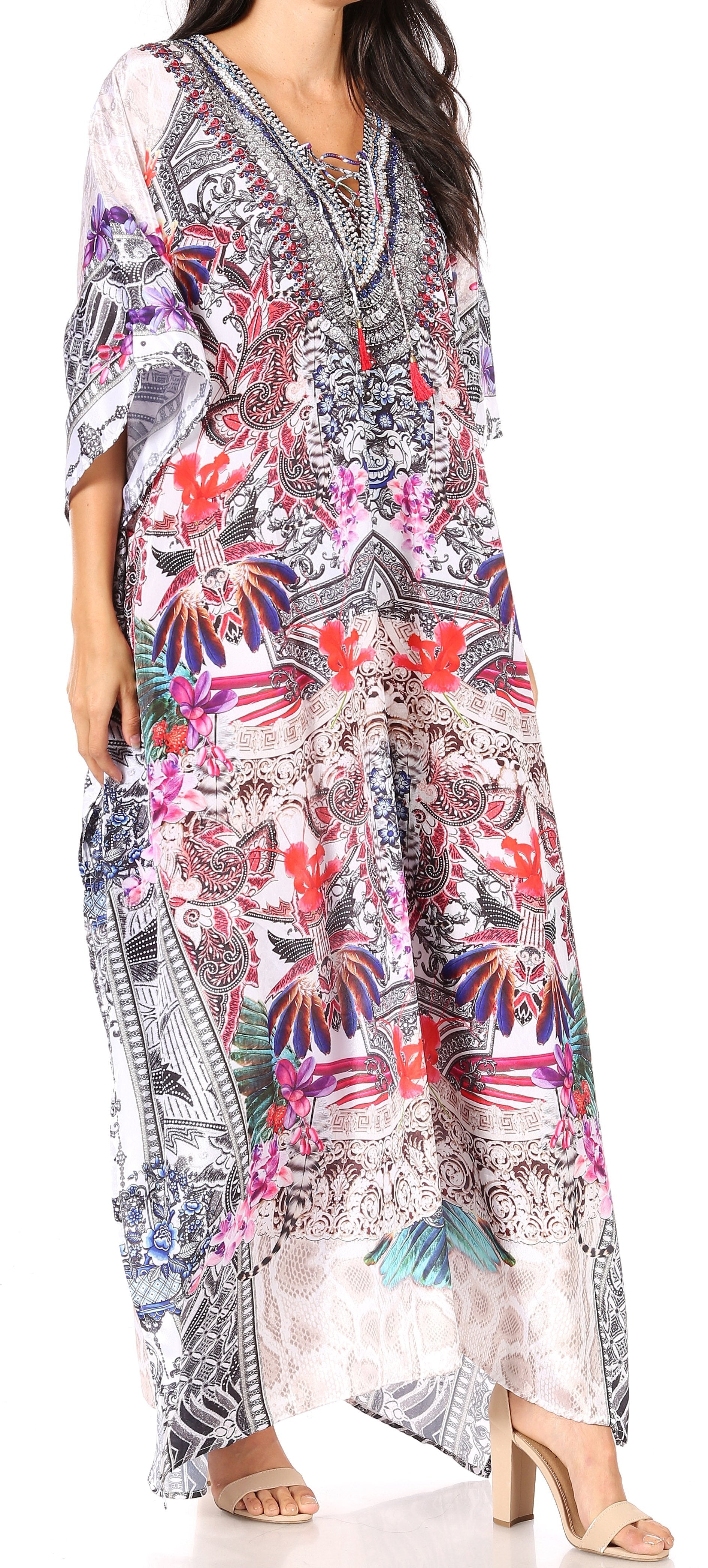 Sakkas Yeni Women's Short Sleeve V-neck Summer Floral Long Caftan Dress Cover-up - Concordia Style Boutique