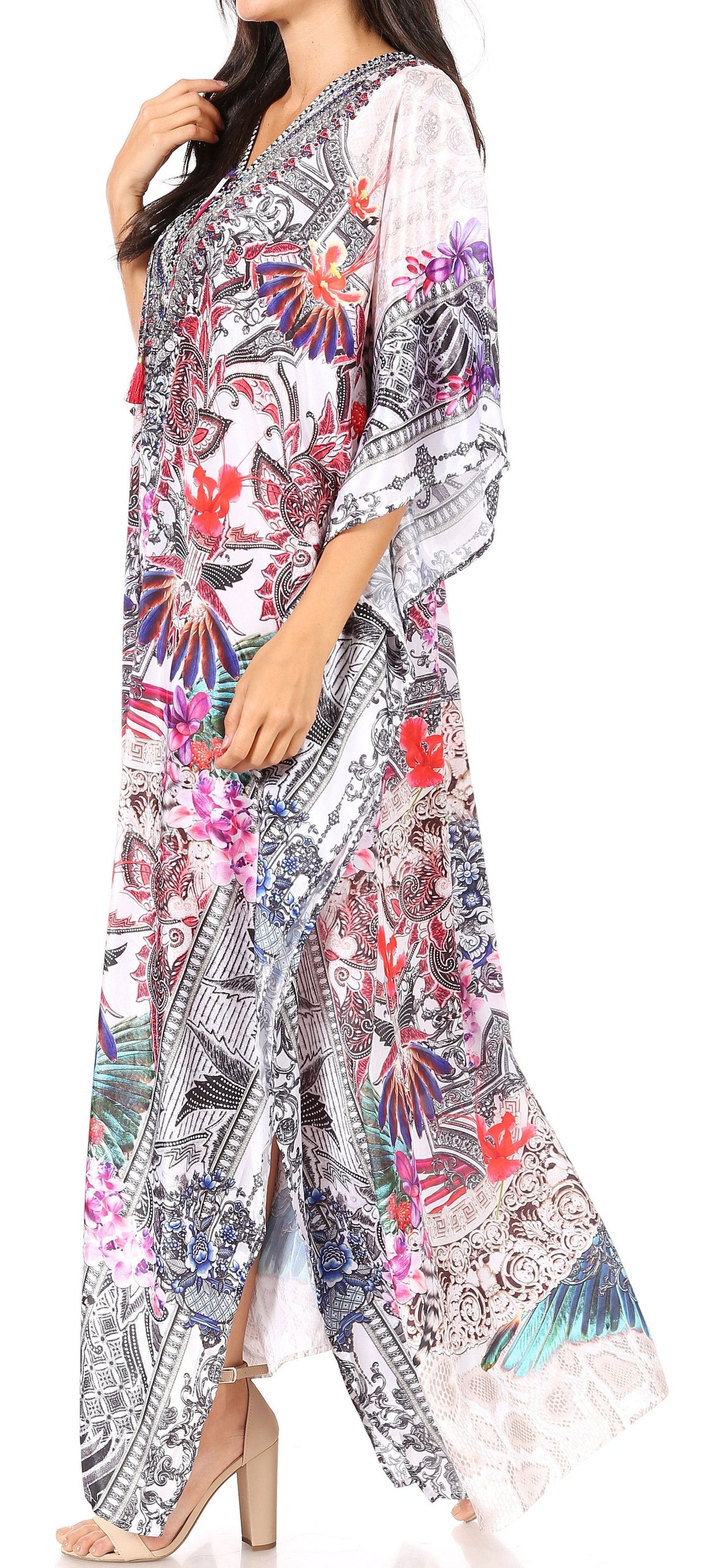 Sakkas Yeni Women's Short Sleeve V-neck Summer Floral Long Caftan Dress Cover-up - Concordia Style Boutique