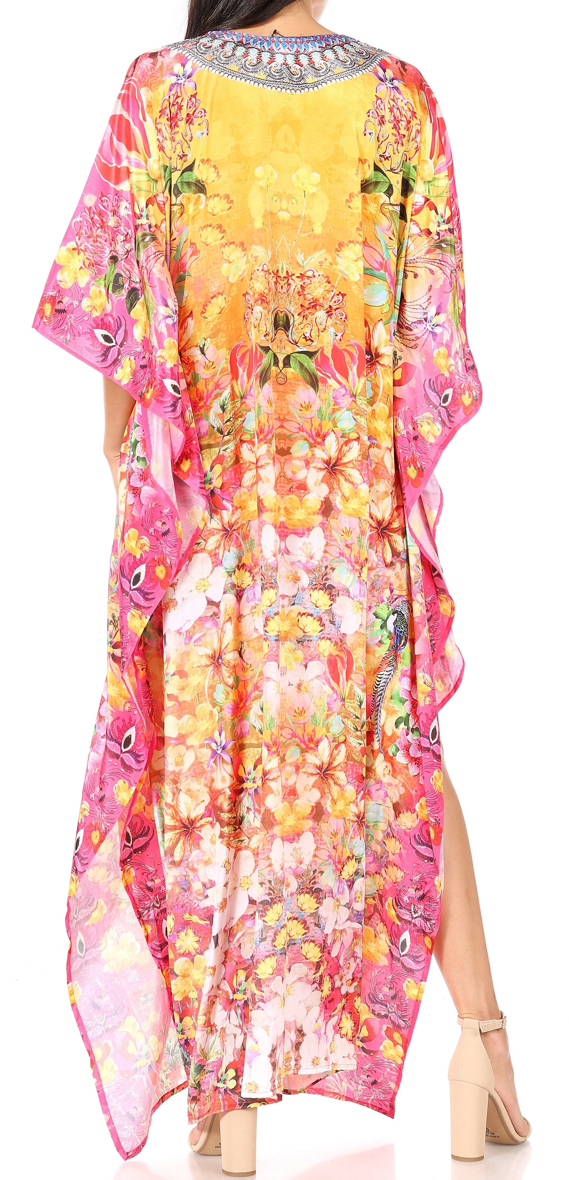 Sakkas Yeni Women's Short Sleeve V-neck Summer Floral Long Caftan Dress Cover-up - Concordia Style Boutique