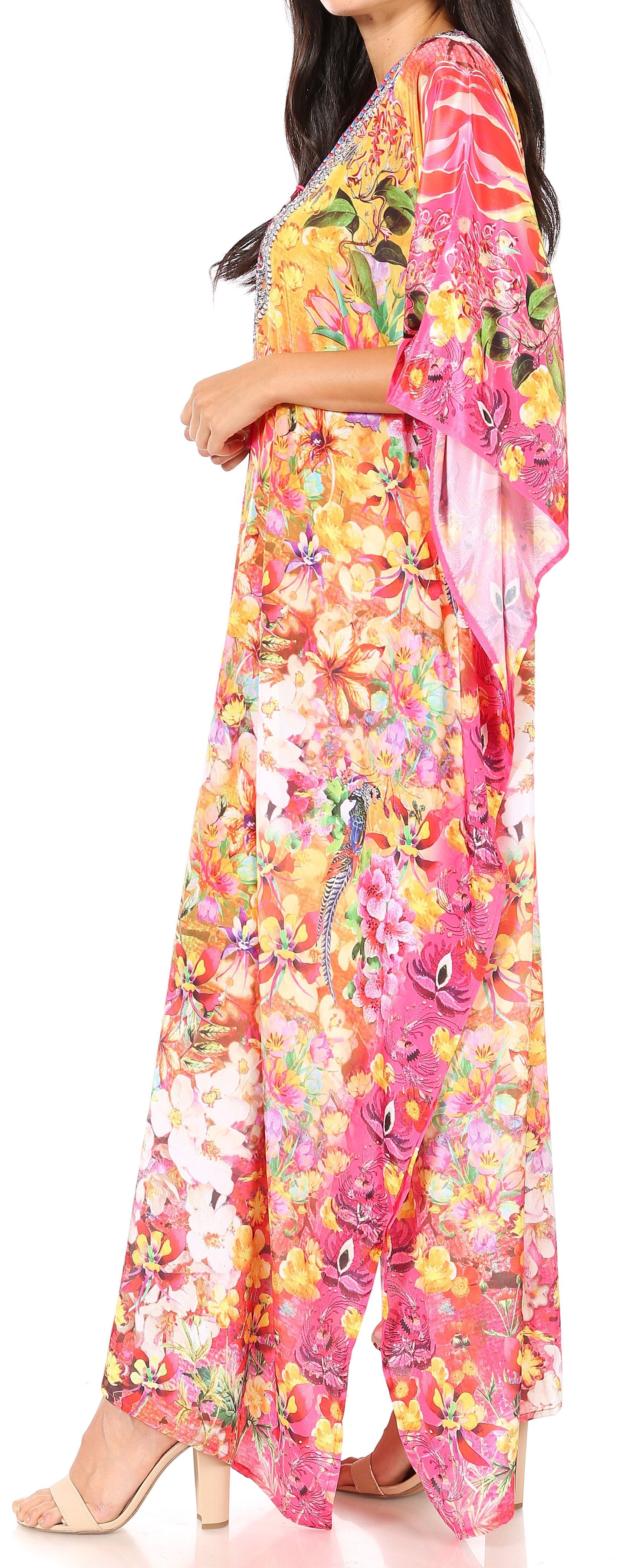 Sakkas Yeni Women's Short Sleeve V-neck Summer Floral Long Caftan Dress Cover-up - Concordia Style Boutique