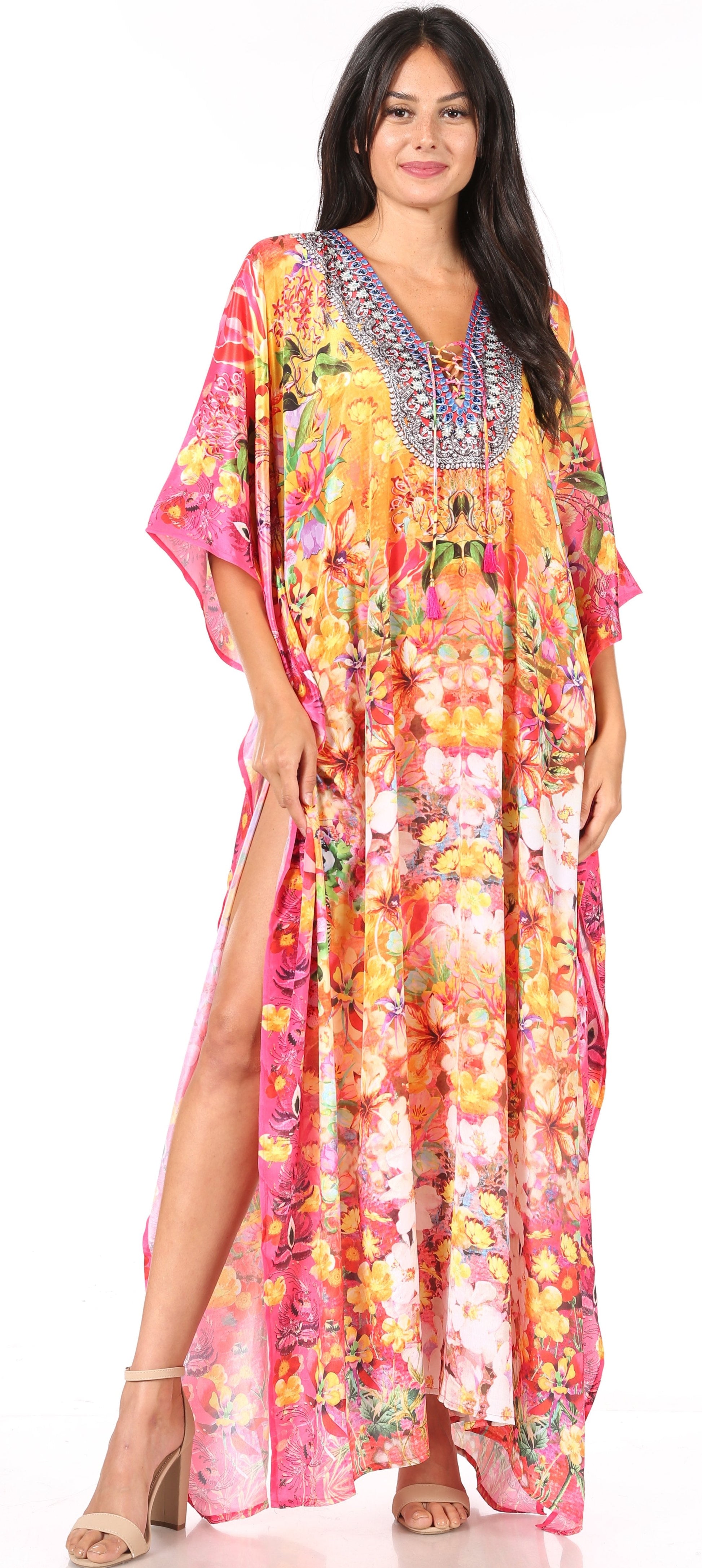 Sakkas Yeni Women's Short Sleeve V-neck Summer Floral Long Caftan Dress Cover-up - Concordia Style Boutique
