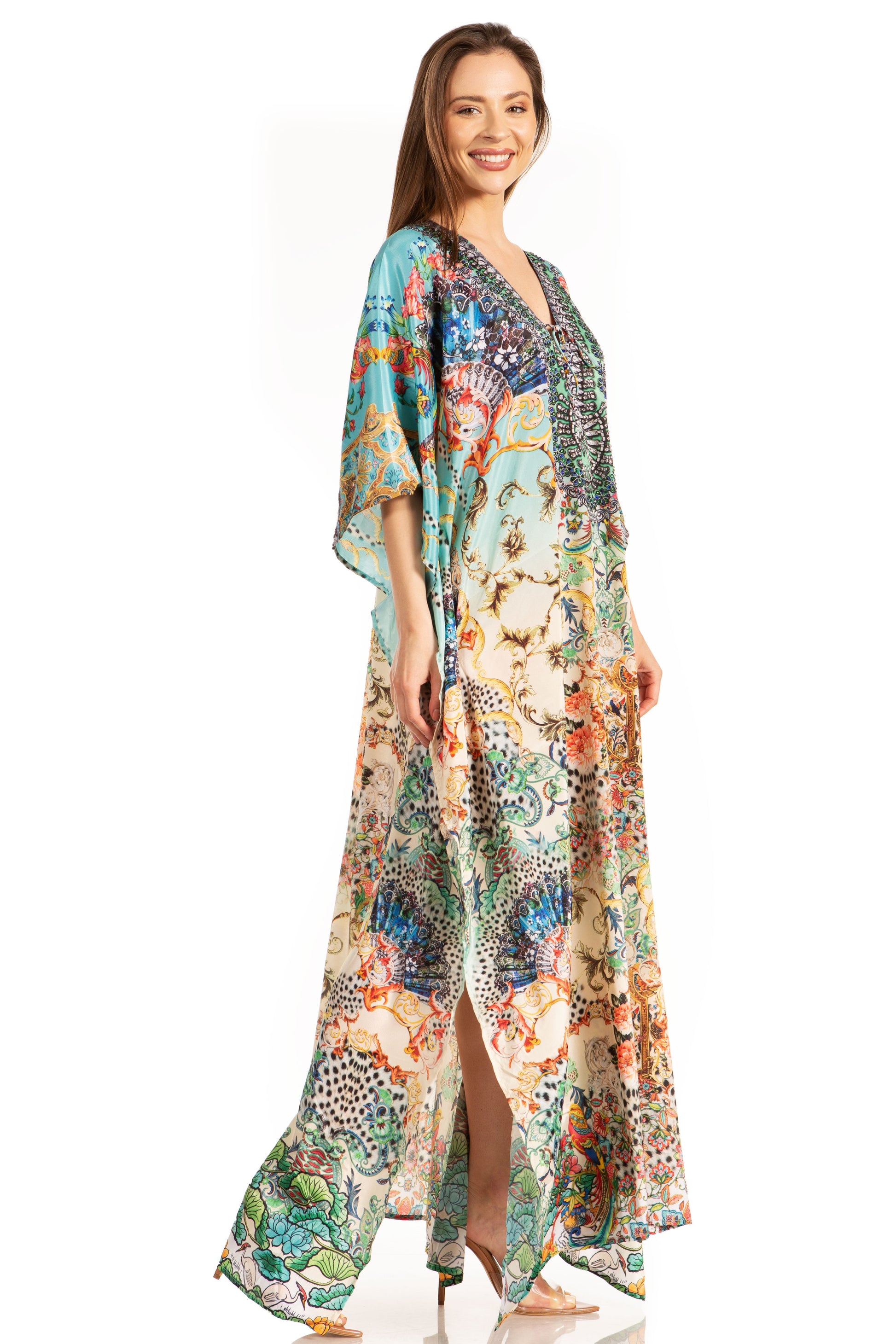 Sakkas Yeni Women's Short Sleeve V-neck Summer Floral Long Caftan Dress Cover-up - Concordia Style Boutique