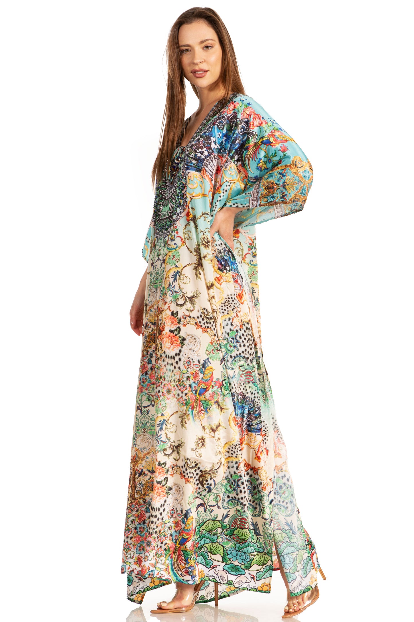 Sakkas Yeni Women's Short Sleeve V-neck Summer Floral Long Caftan Dress Cover-up - Concordia Style Boutique