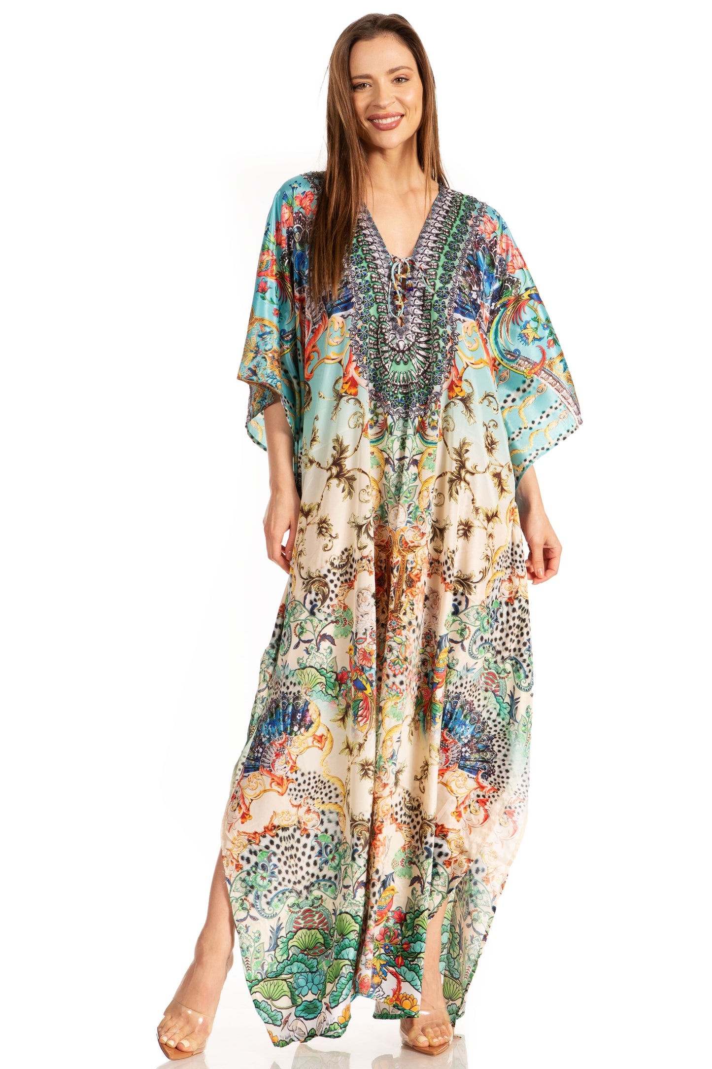 Sakkas Yeni Women's Short Sleeve V-neck Summer Floral Long Caftan Dress Cover-up - Concordia Style Boutique