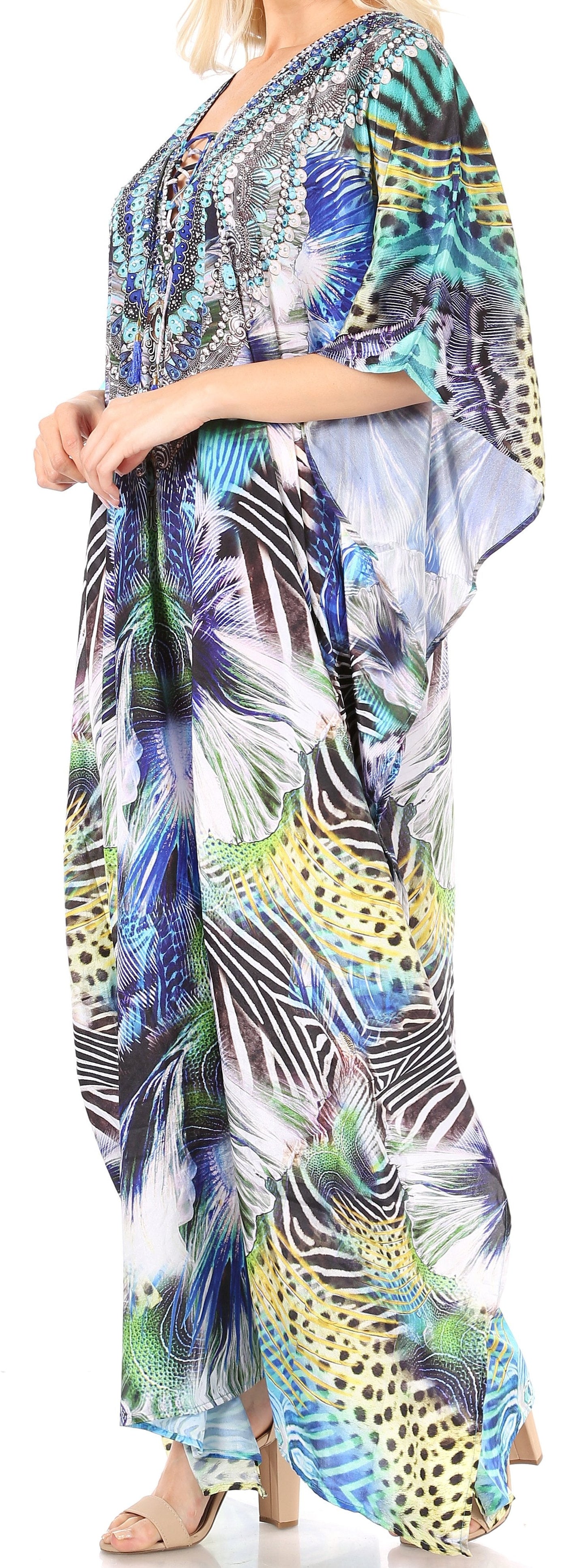 Sakkas Yeni Women's Short Sleeve V-neck Summer Floral Long Caftan Dress Cover-up - Concordia Style Boutique