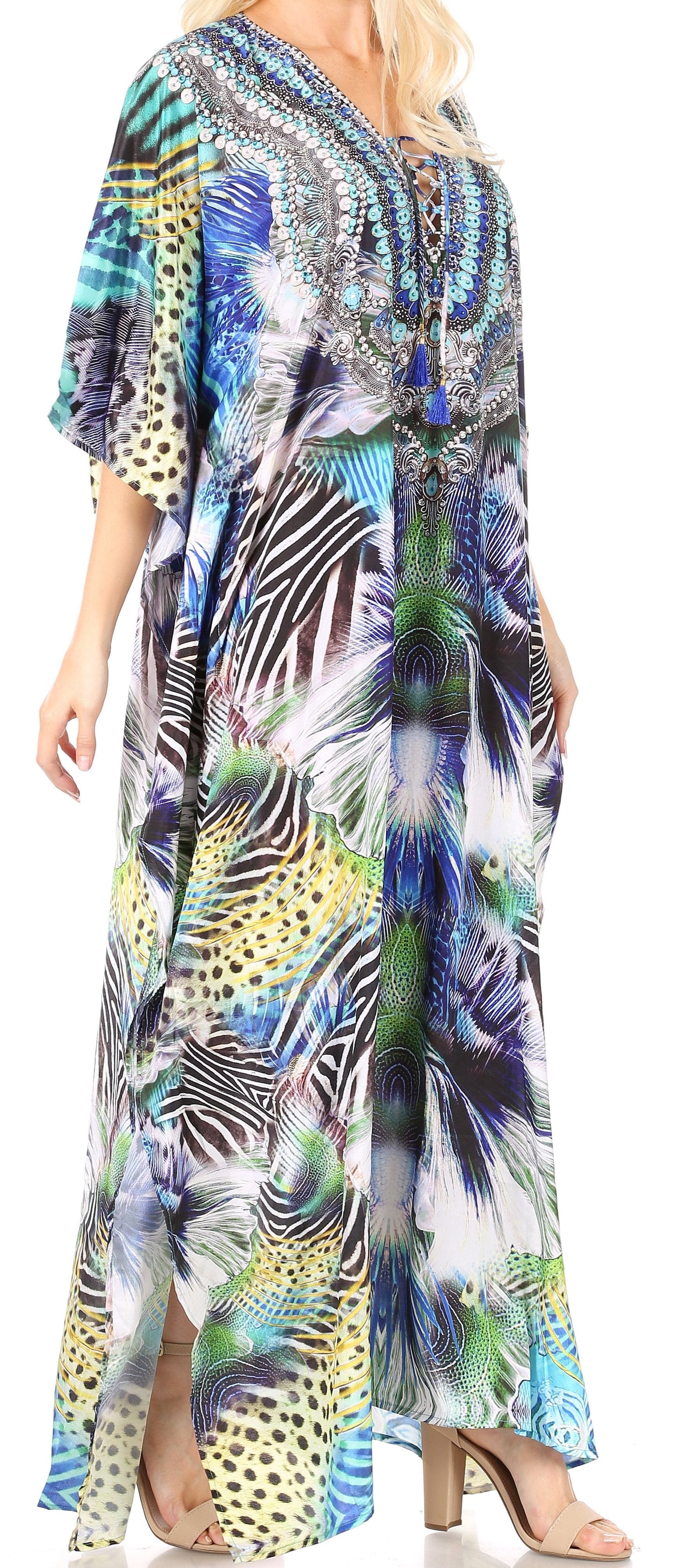 Sakkas Yeni Women's Short Sleeve V-neck Summer Floral Long Caftan Dress Cover-up - Concordia Style Boutique