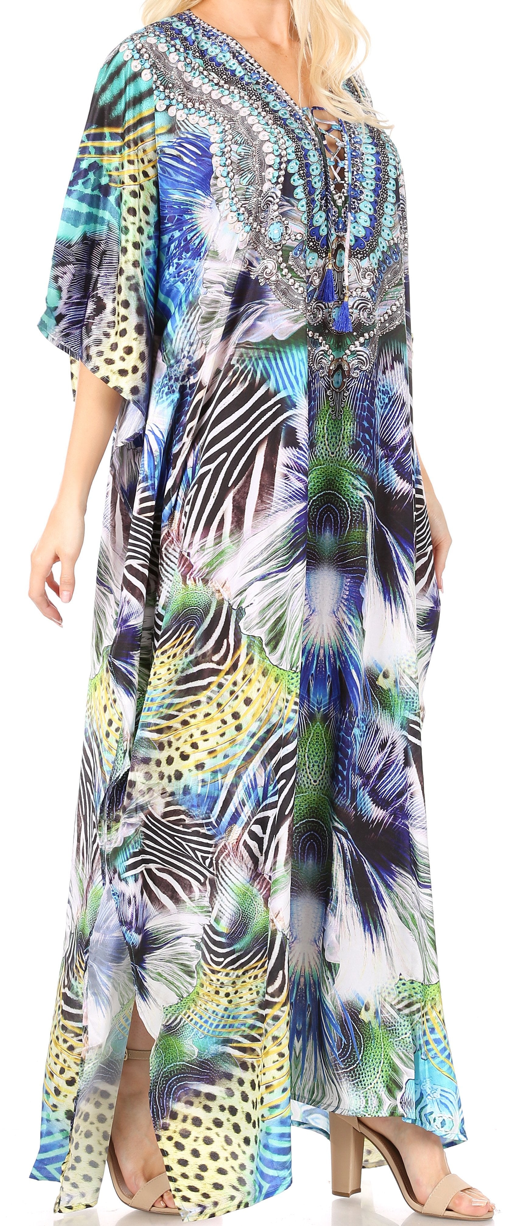 Sakkas Yeni Women's Short Sleeve V-neck Summer Floral Long Caftan Dress Cover-up - Concordia Style Boutique