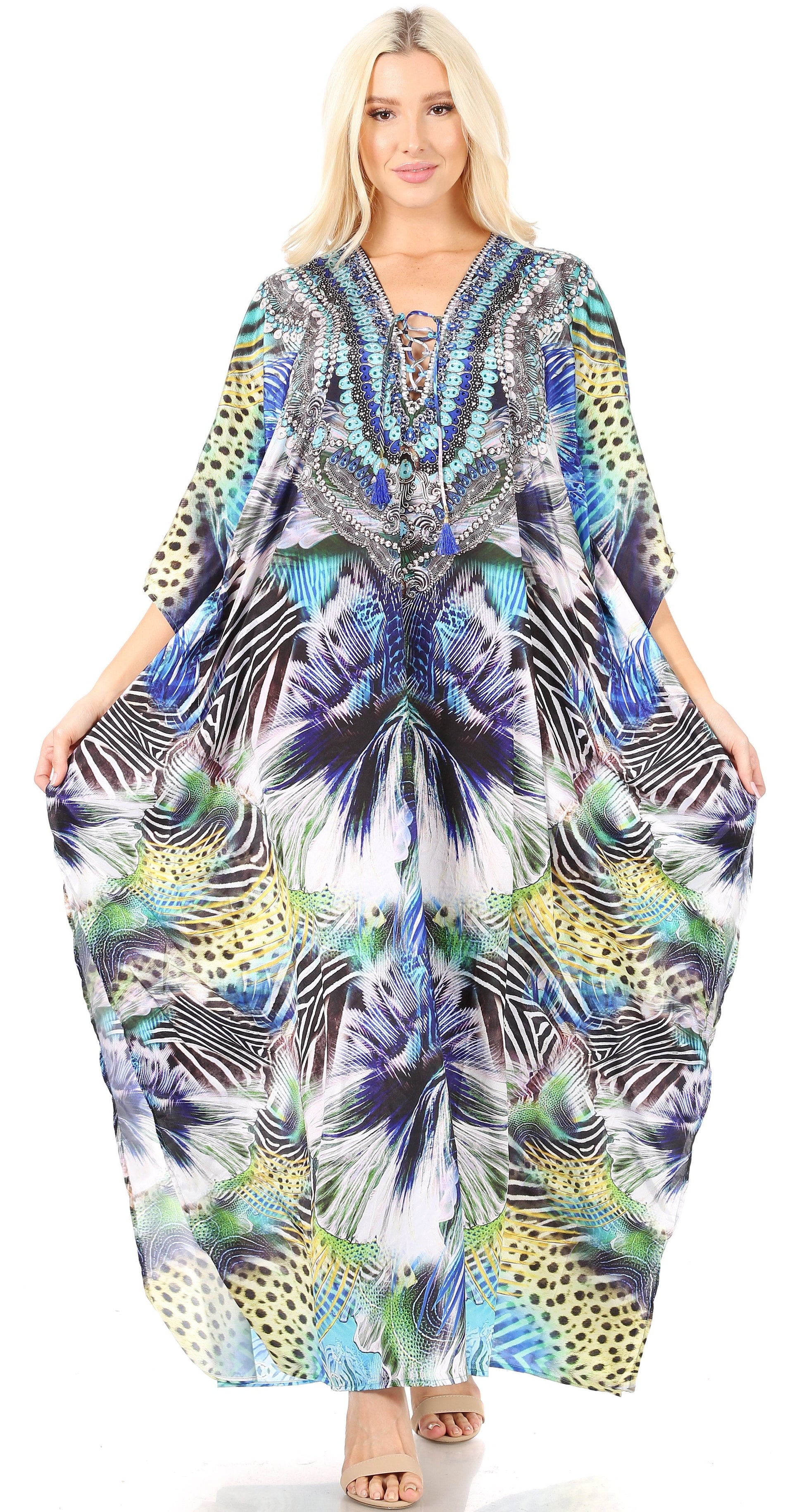 Sakkas Yeni Women's Short Sleeve V-neck Summer Floral Long Caftan Dress Cover-up - Concordia Style Boutique