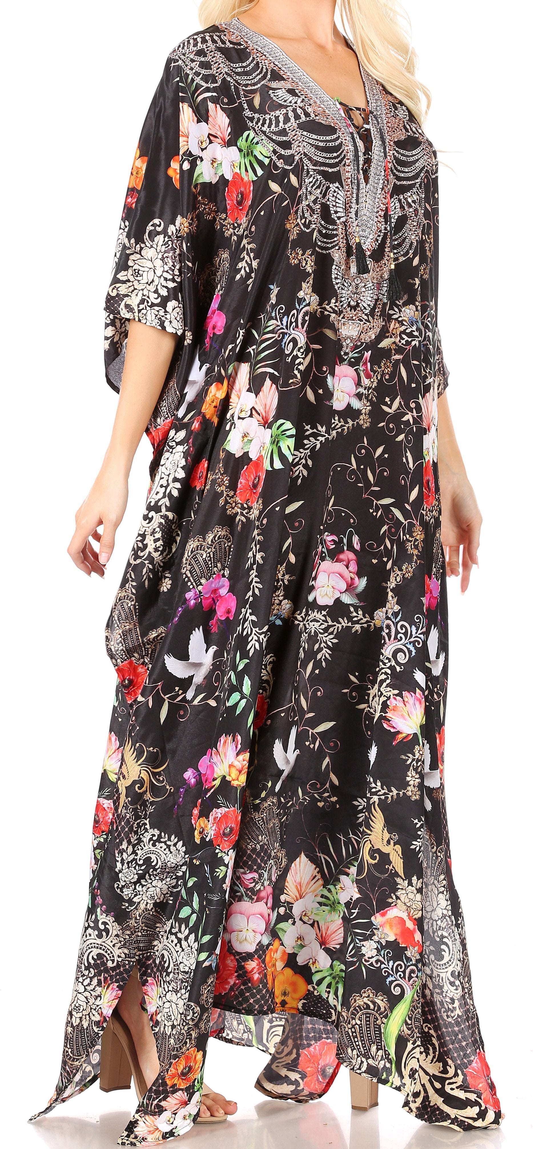 Sakkas Yeni Women's Short Sleeve V-neck Summer Floral Long Caftan Dress Cover-up - Concordia Style Boutique