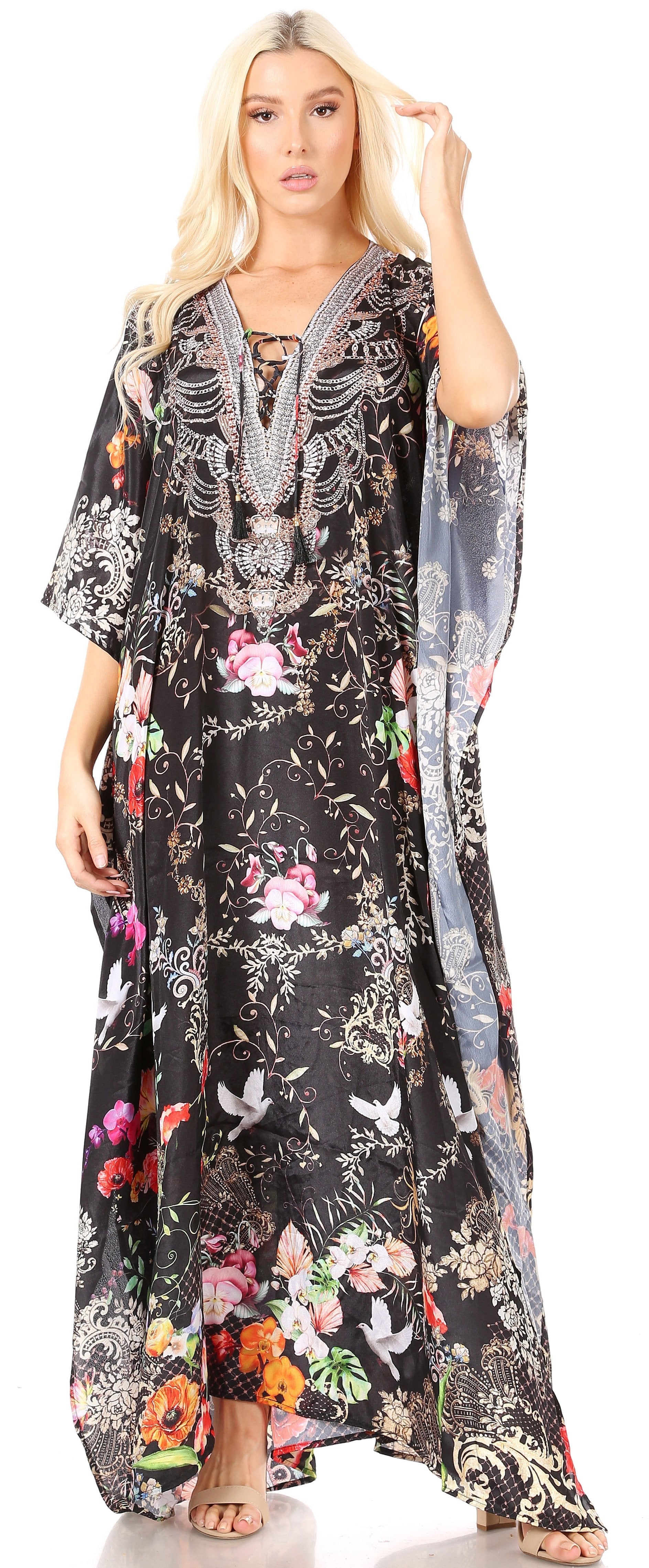 Sakkas Yeni Women's Short Sleeve V-neck Summer Floral Long Caftan Dress Cover-up - Concordia Style Boutique