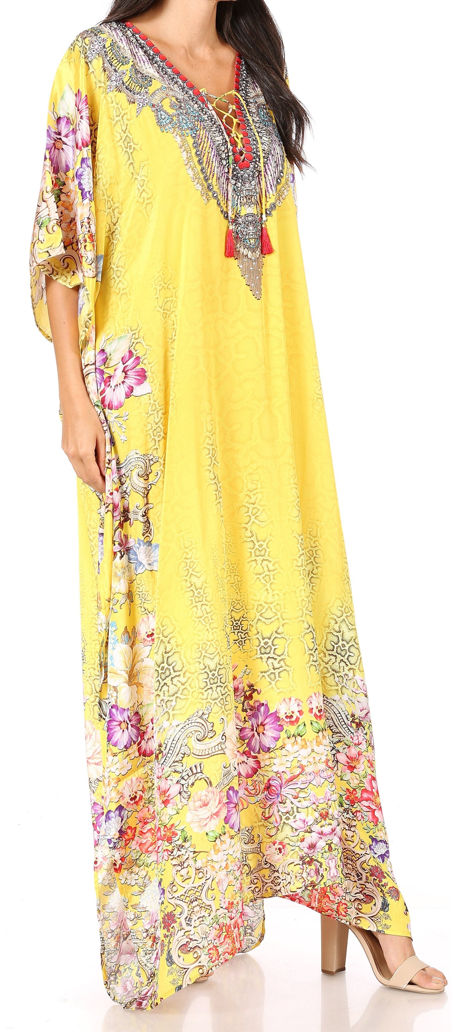 Sakkas Yeni Women's Short Sleeve V-neck Summer Floral Long Caftan Dress Cover-up - Concordia Style Boutique