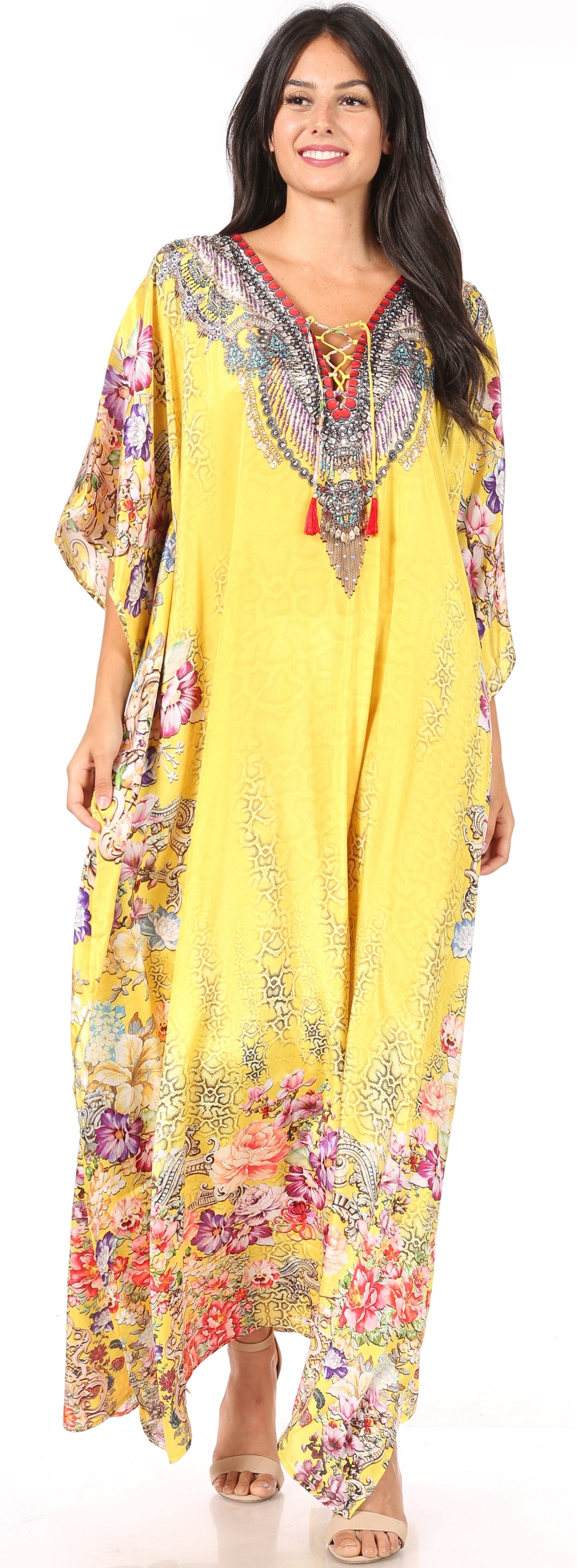 Sakkas Yeni Women's Short Sleeve V-neck Summer Floral Long Caftan Dress Cover-up - Concordia Style Boutique