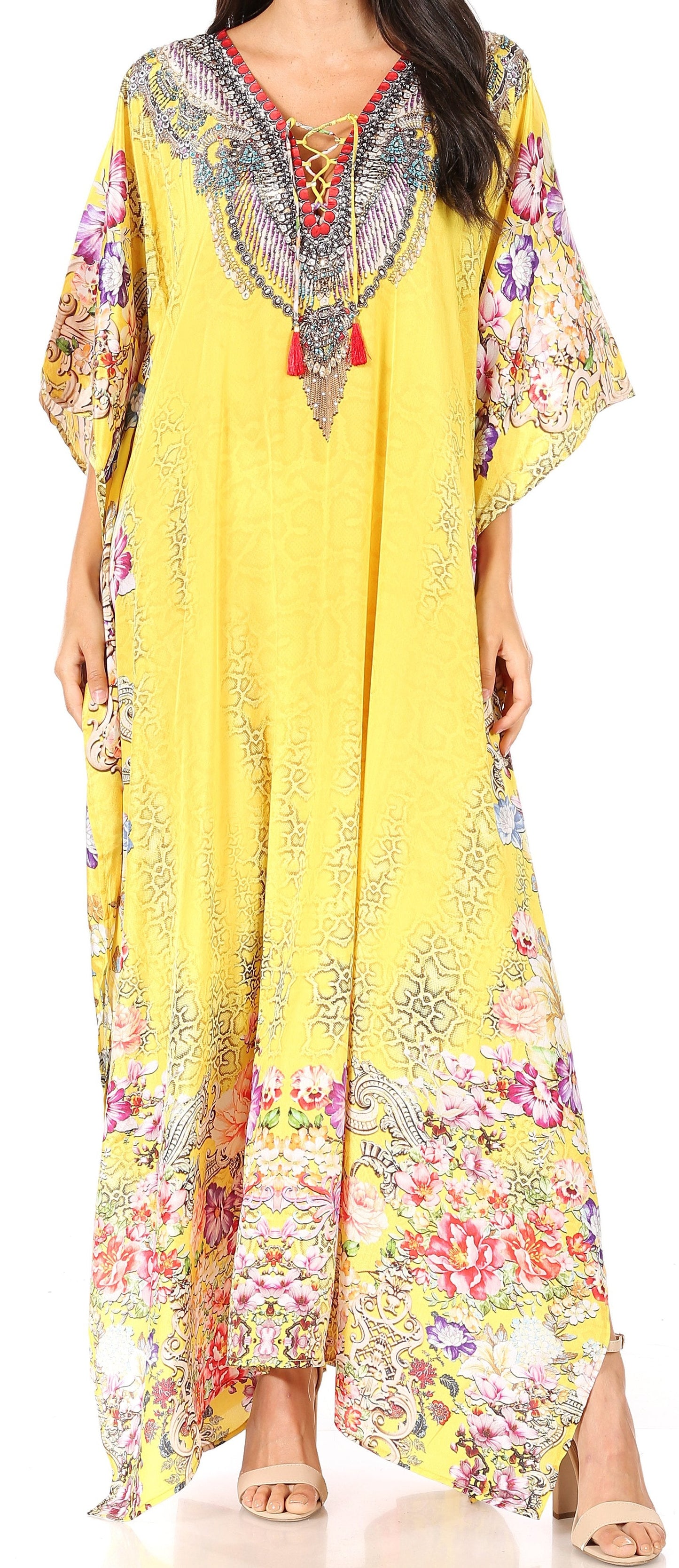 Sakkas Yeni Women's Short Sleeve V-neck Summer Floral Long Caftan Dress Cover-up - Concordia Style Boutique