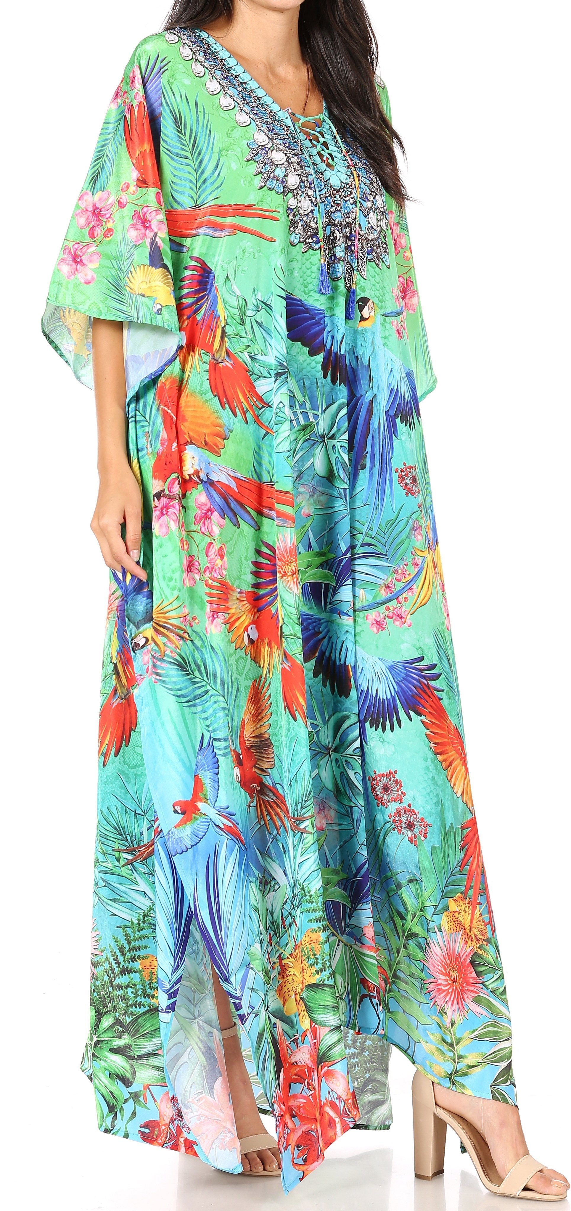 Sakkas Yeni Women's Short Sleeve V-neck Summer Floral Long Caftan Dress Cover-up - Concordia Style Boutique