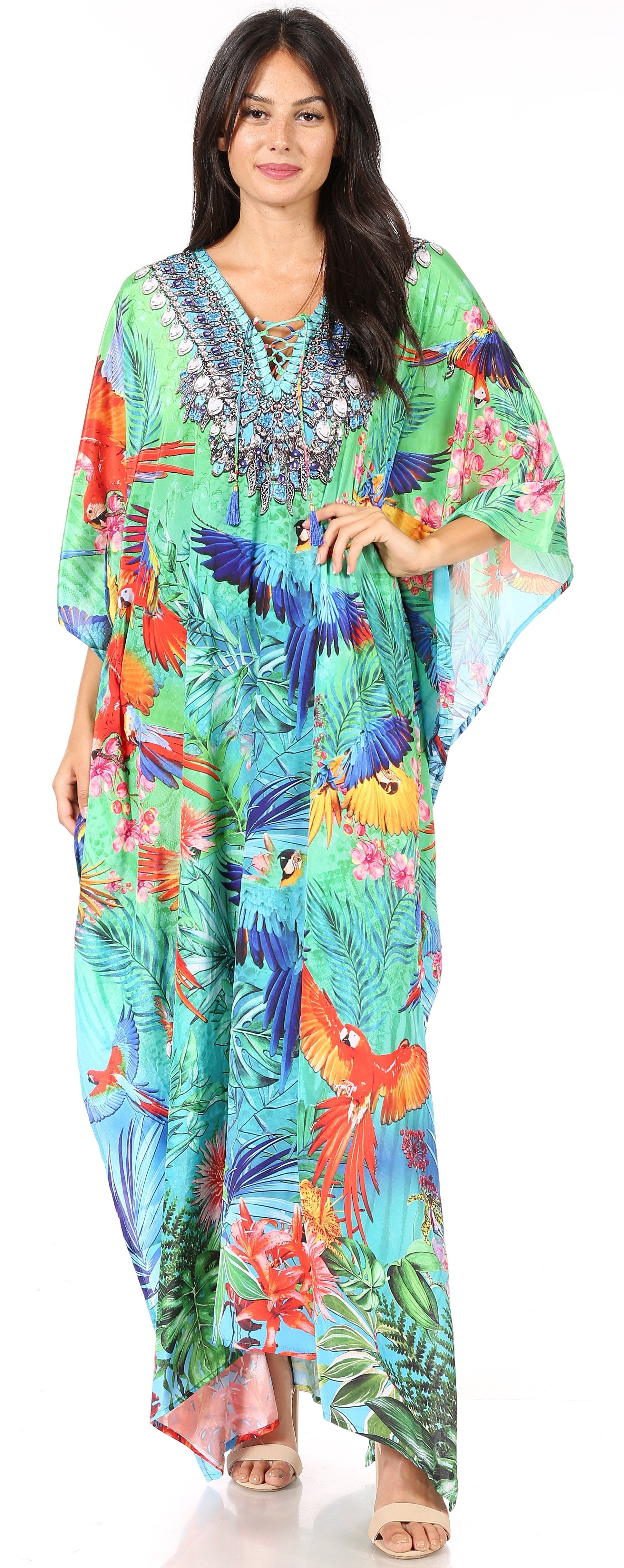 Sakkas Yeni Women's Short Sleeve V-neck Summer Floral Long Caftan Dress Cover-up - Concordia Style Boutique