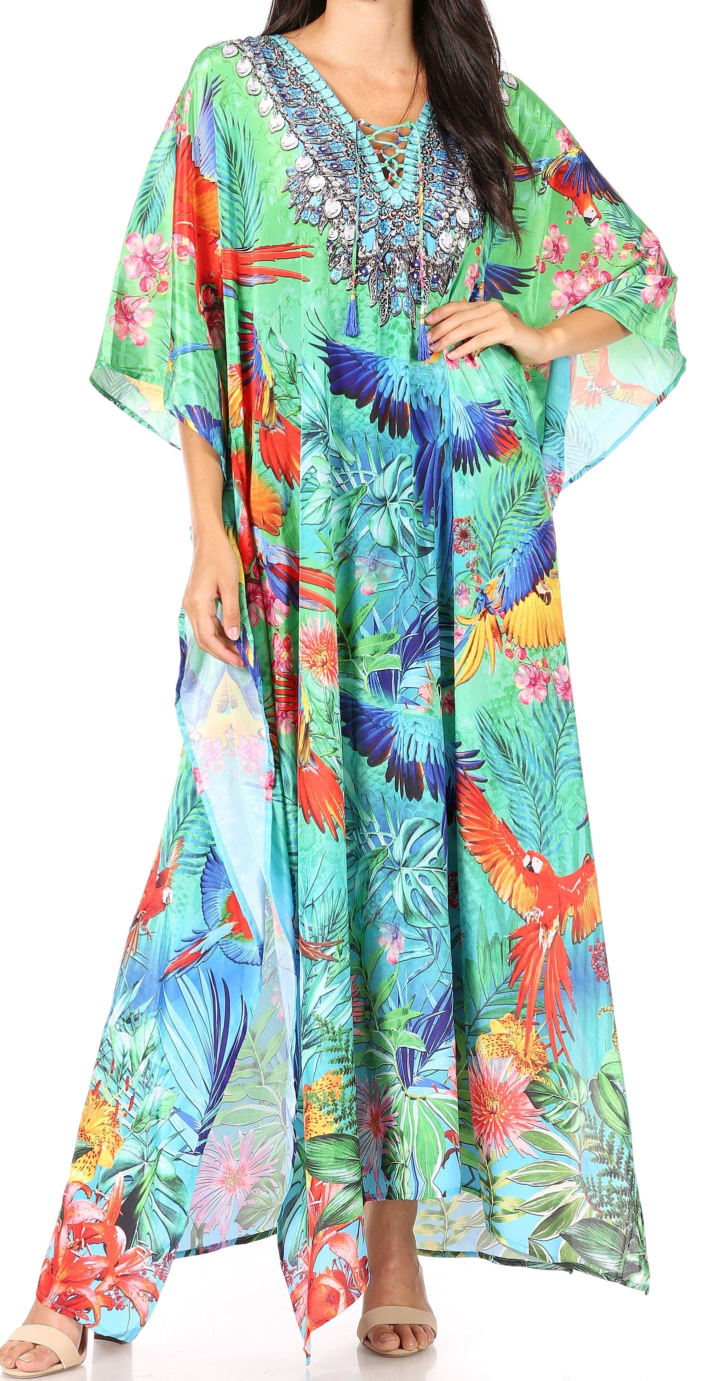 Sakkas Yeni Women's Short Sleeve V-neck Summer Floral Long Caftan Dress Cover-up - Concordia Style Boutique