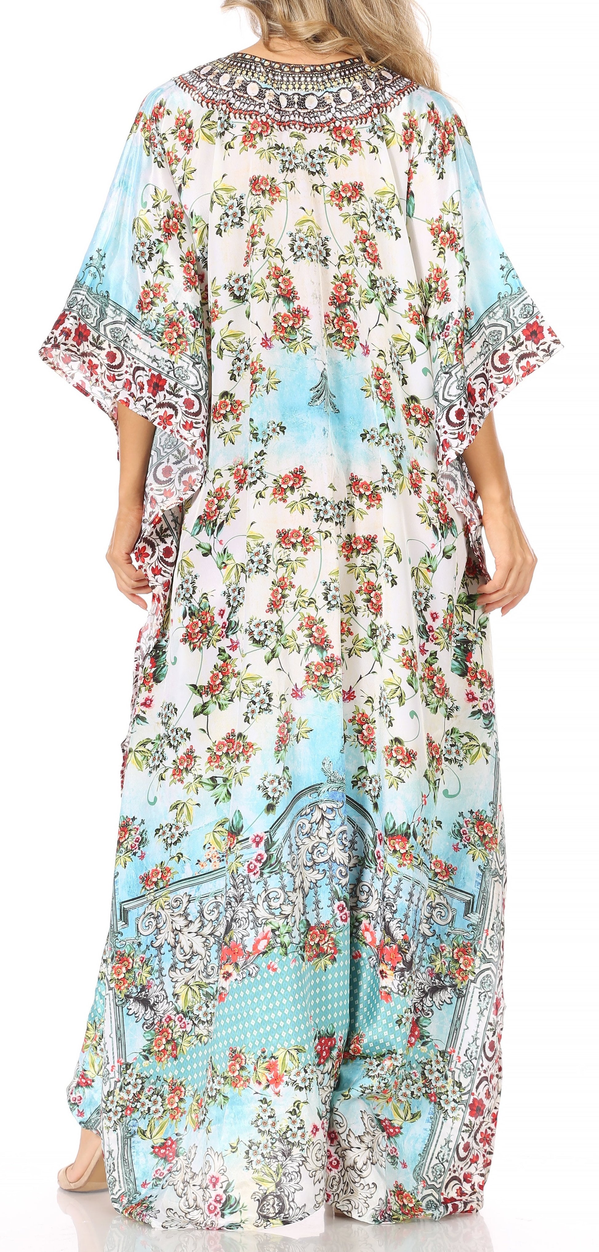 Sakkas Yeni Women's Short Sleeve V-neck Summer Floral Long Caftan Dress Cover-up - Concordia Style Boutique