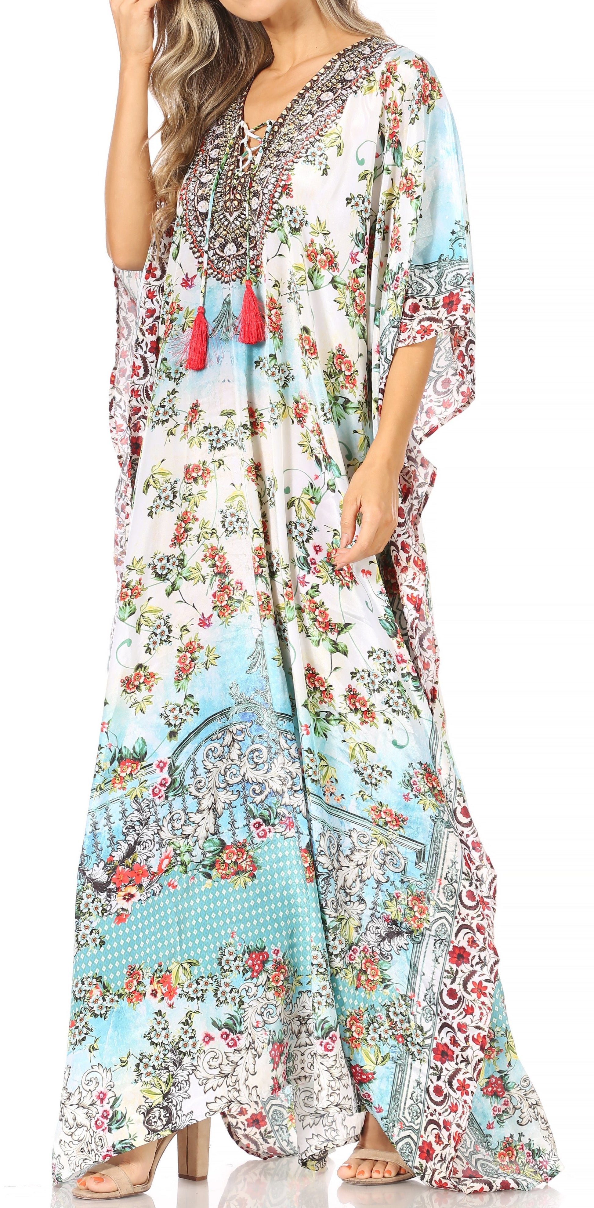 Sakkas Yeni Women's Short Sleeve V-neck Summer Floral Long Caftan Dress Cover-up - Concordia Style Boutique