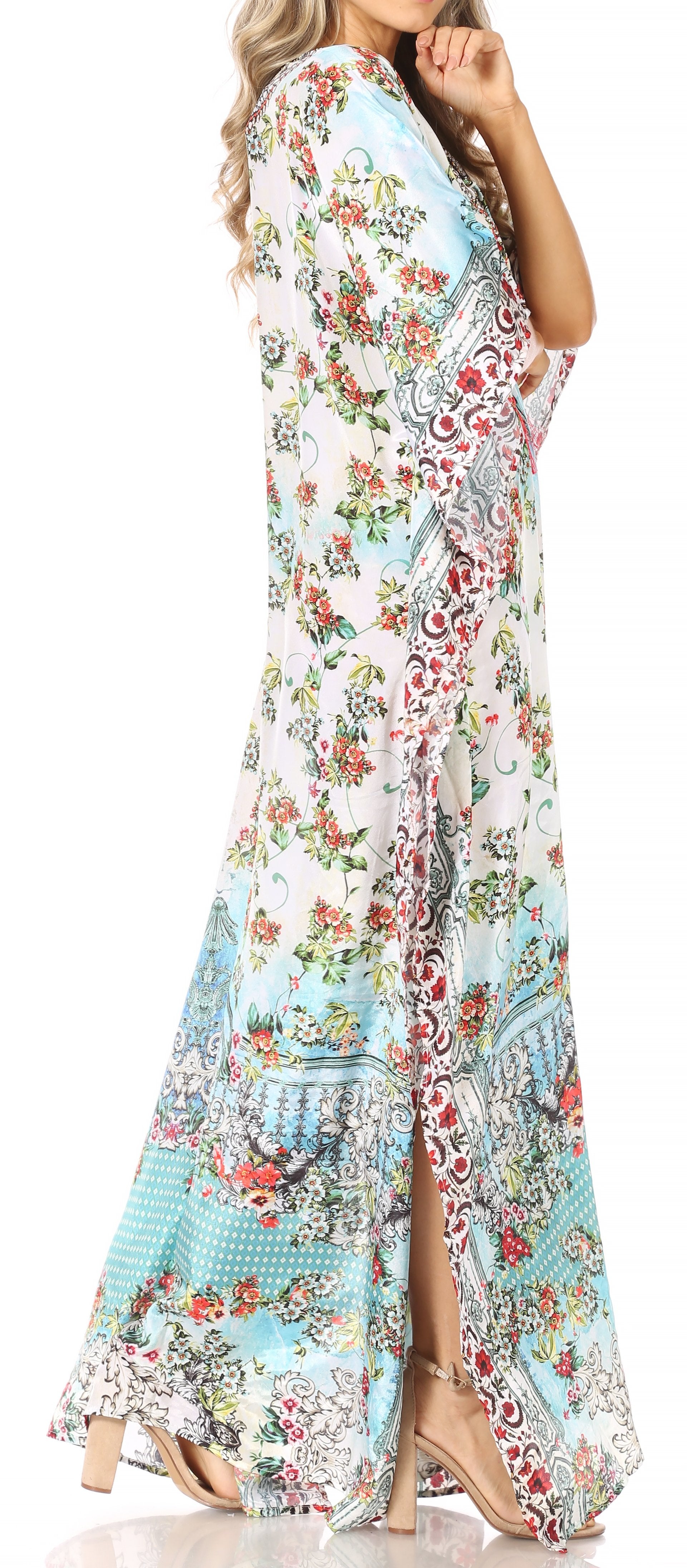 Sakkas Yeni Women's Short Sleeve V-neck Summer Floral Long Caftan Dress Cover-up - Concordia Style Boutique