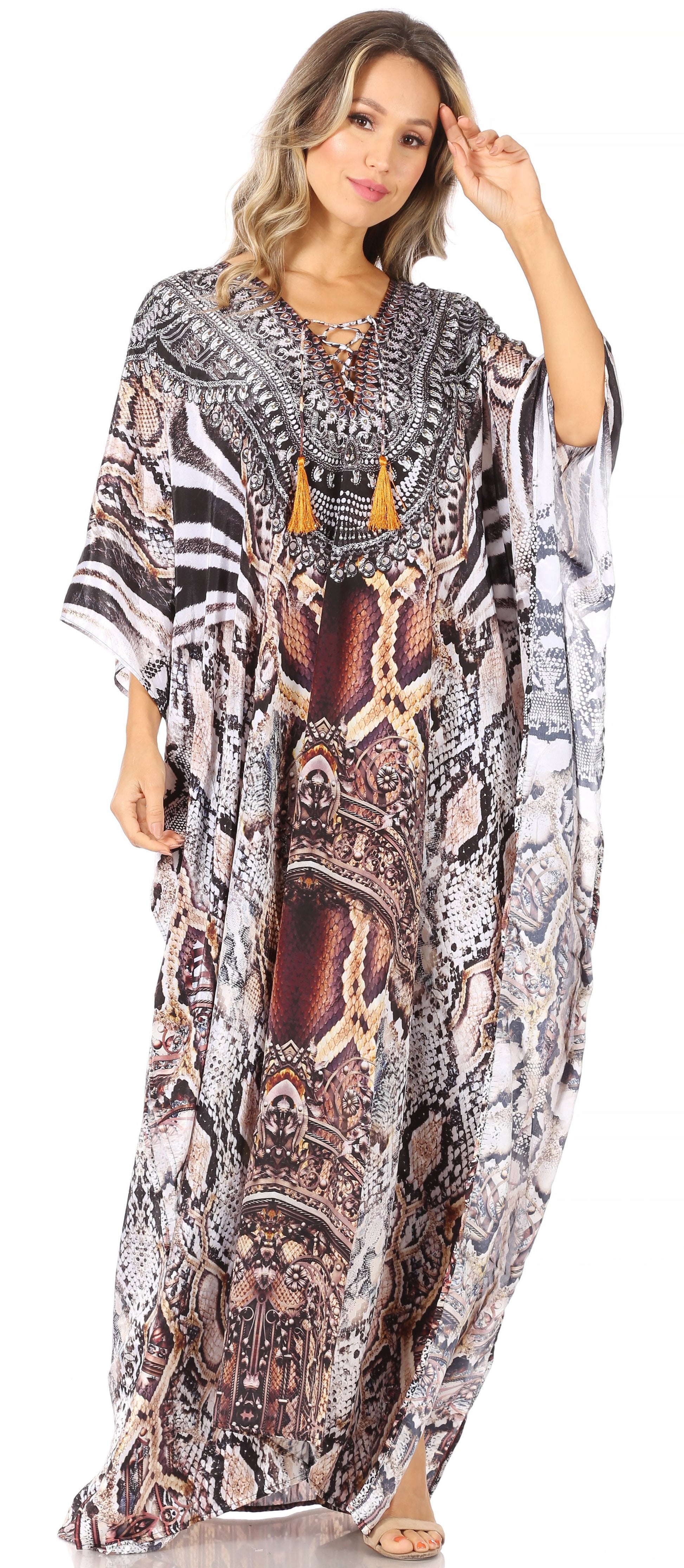 Sakkas Yeni Women's Short Sleeve V-neck Summer Floral Long Caftan Dress Cover-up - Concordia Style Boutique