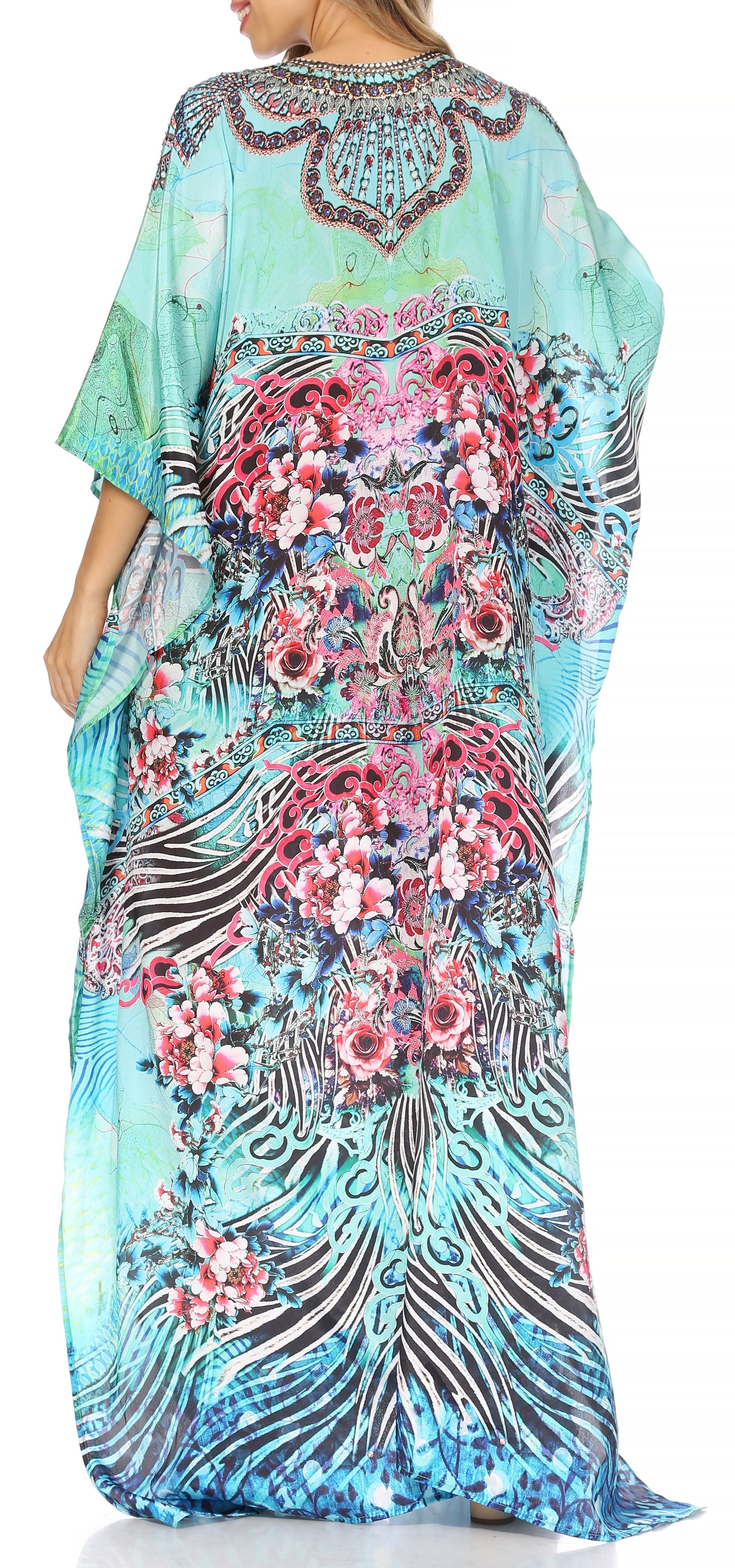 Sakkas Yeni Women's Short Sleeve V-neck Summer Floral Long Caftan Dress Cover-up - Concordia Style Boutique