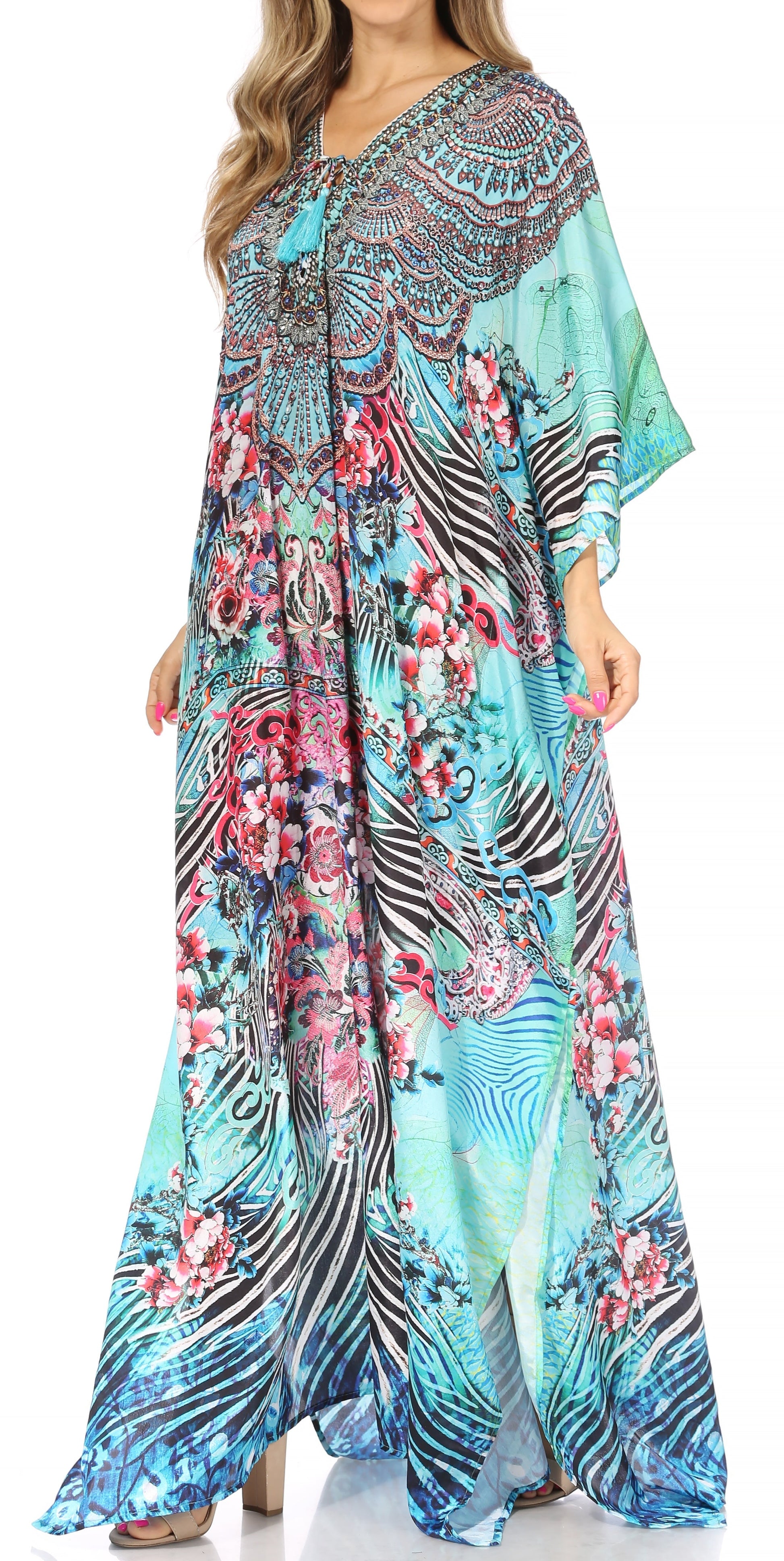Sakkas Yeni Women's Short Sleeve V-neck Summer Floral Long Caftan Dress Cover-up - Concordia Style Boutique