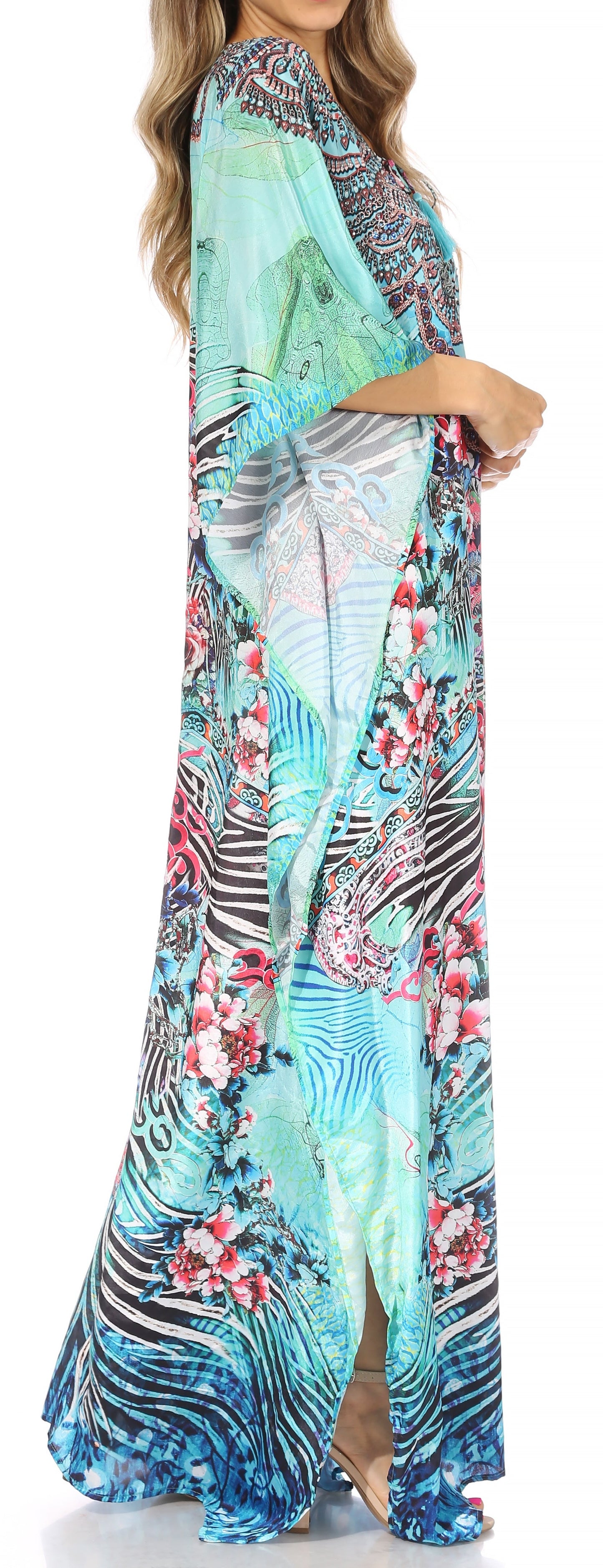 Sakkas Yeni Women's Short Sleeve V-neck Summer Floral Long Caftan Dress Cover-up - Concordia Style Boutique