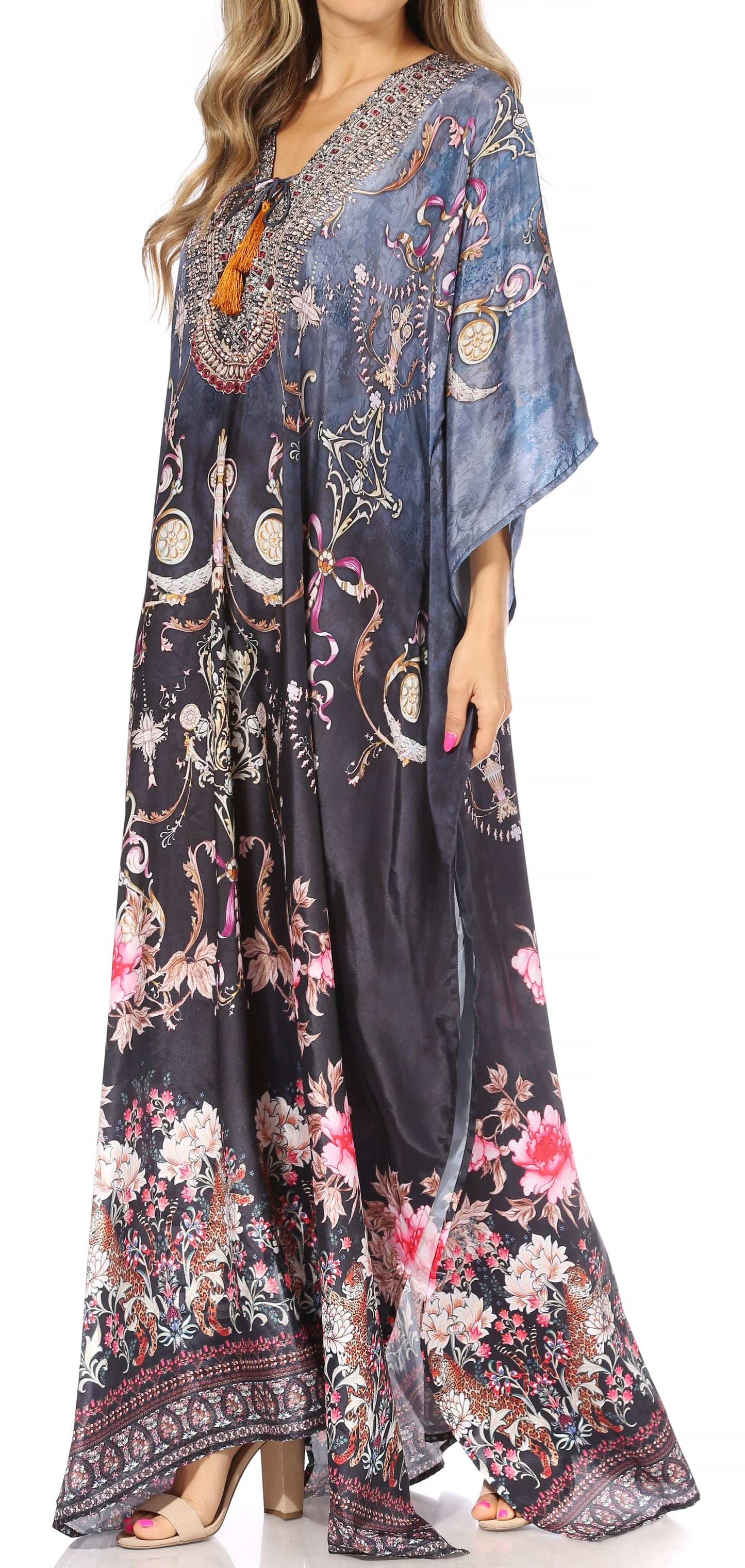 Sakkas Yeni Women's Short Sleeve V-neck Summer Floral Long Caftan Dress Cover-up - Concordia Style Boutique