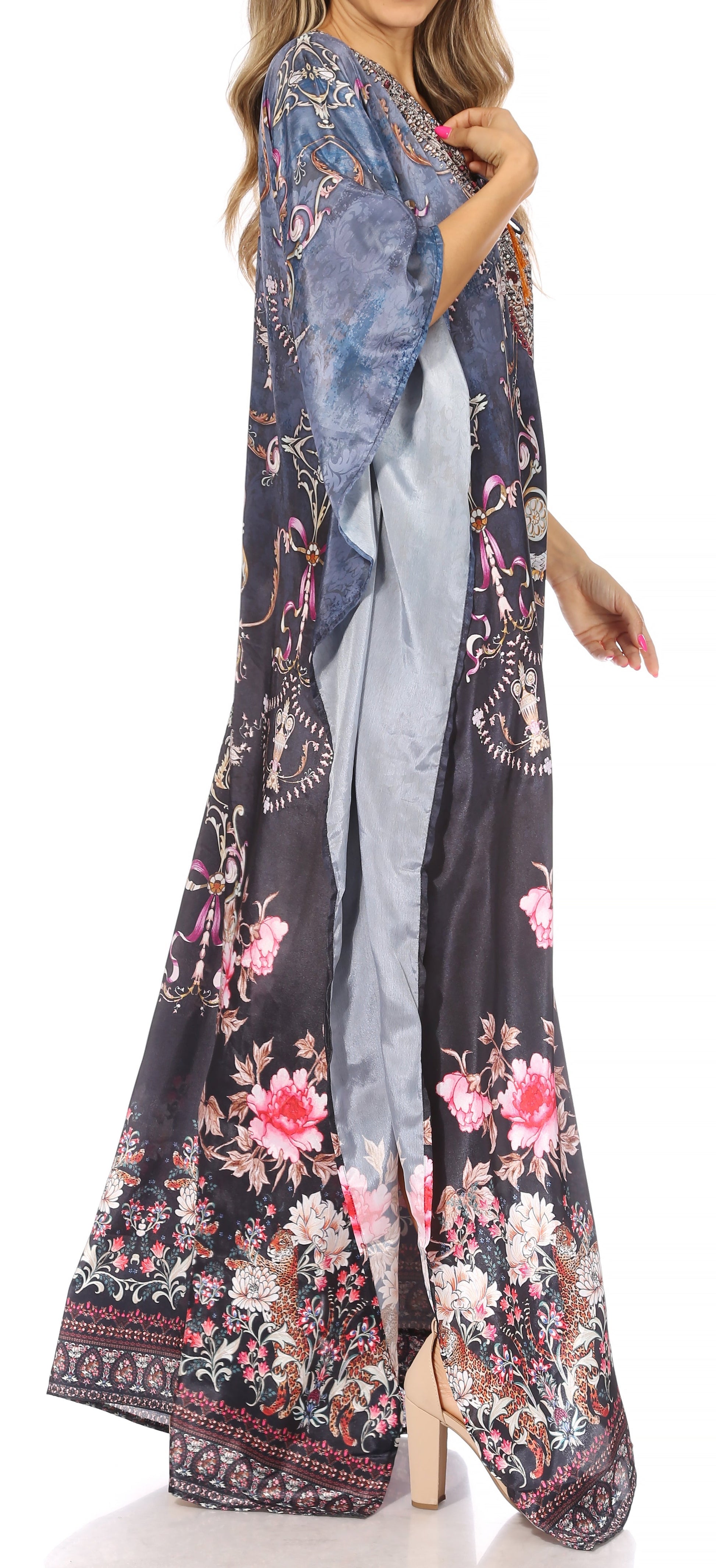 Sakkas Yeni Women's Short Sleeve V-neck Summer Floral Long Caftan Dress Cover-up - Concordia Style Boutique