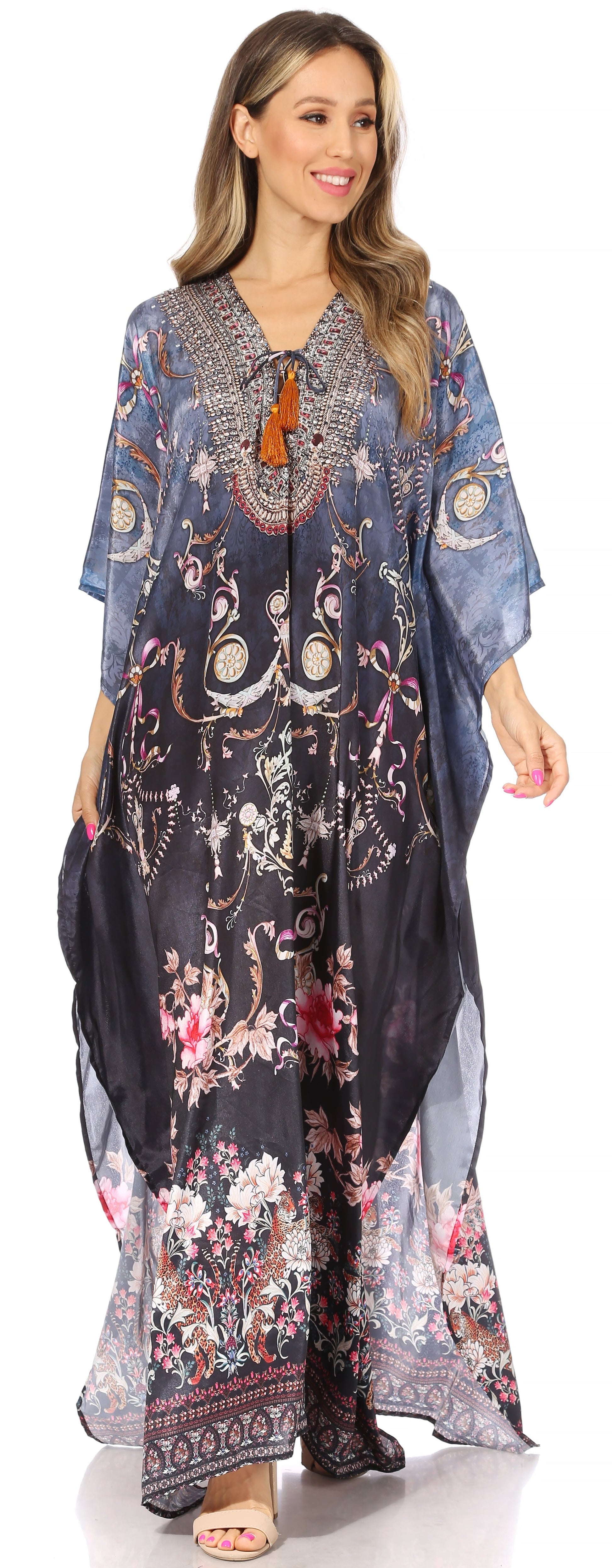 Sakkas Yeni Women's Short Sleeve V-neck Summer Floral Long Caftan Dress Cover-up - Concordia Style Boutique