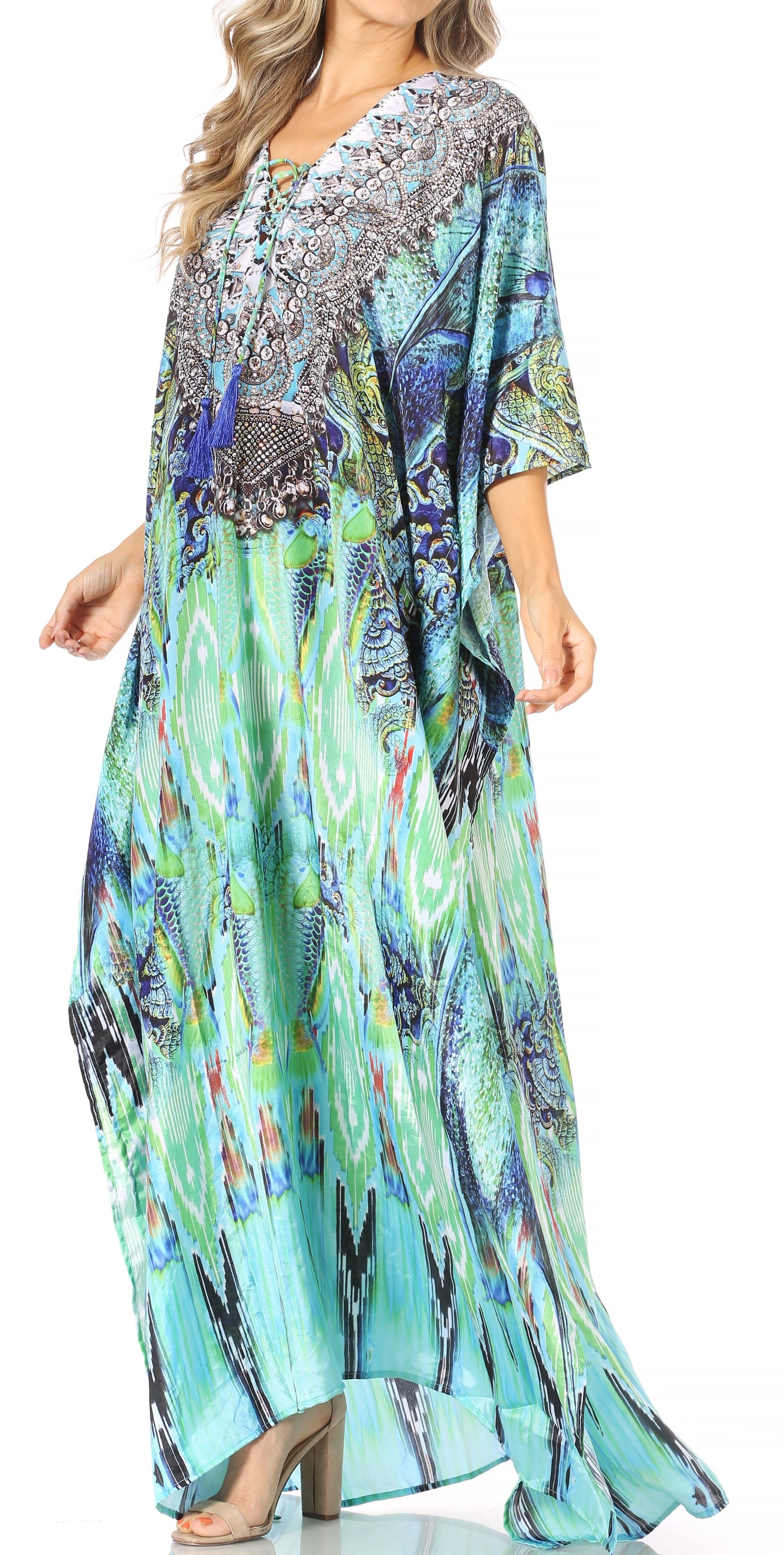 Sakkas Yeni Women's Short Sleeve V-neck Summer Floral Long Caftan Dress Cover-up - Concordia Style Boutique