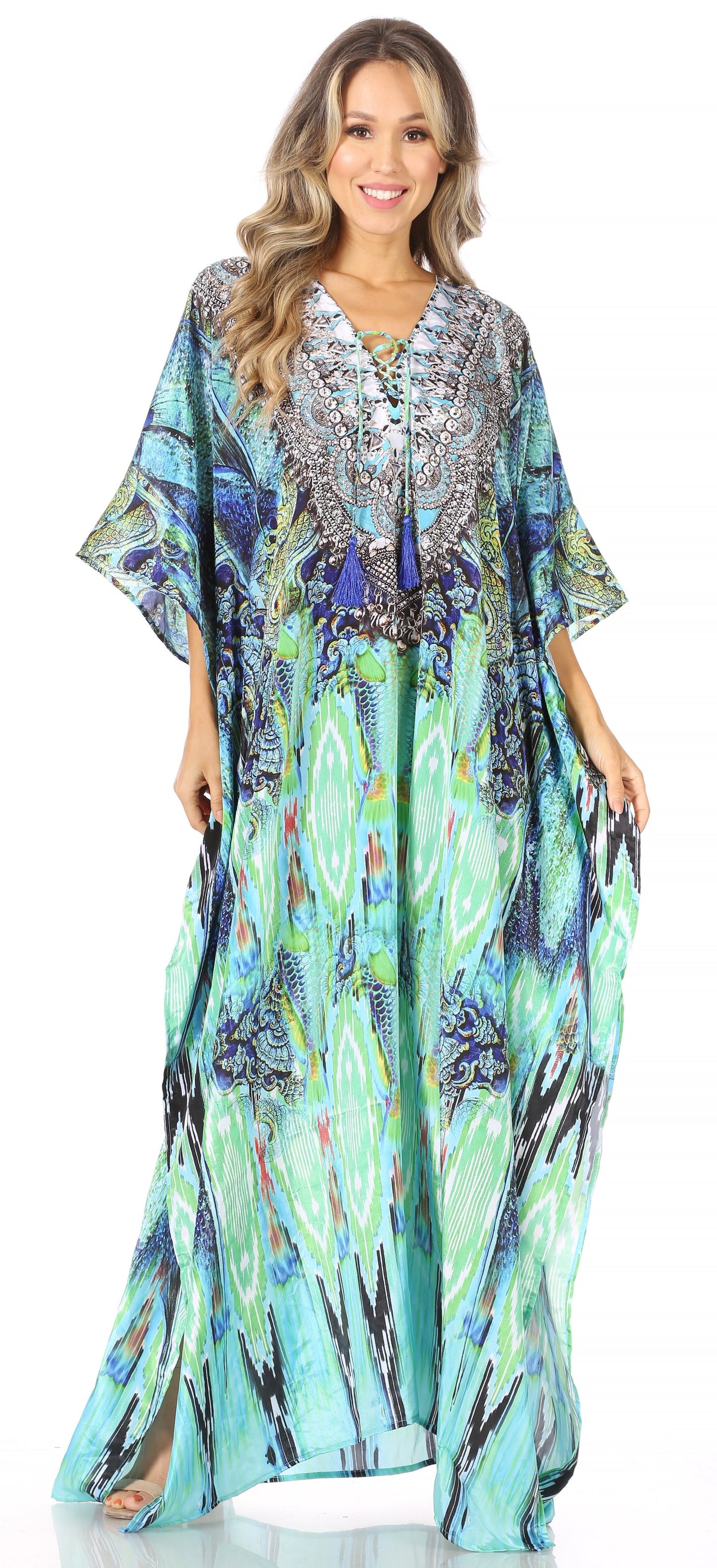 Sakkas Yeni Women's Short Sleeve V-neck Summer Floral Long Caftan Dress Cover-up - Concordia Style Boutique