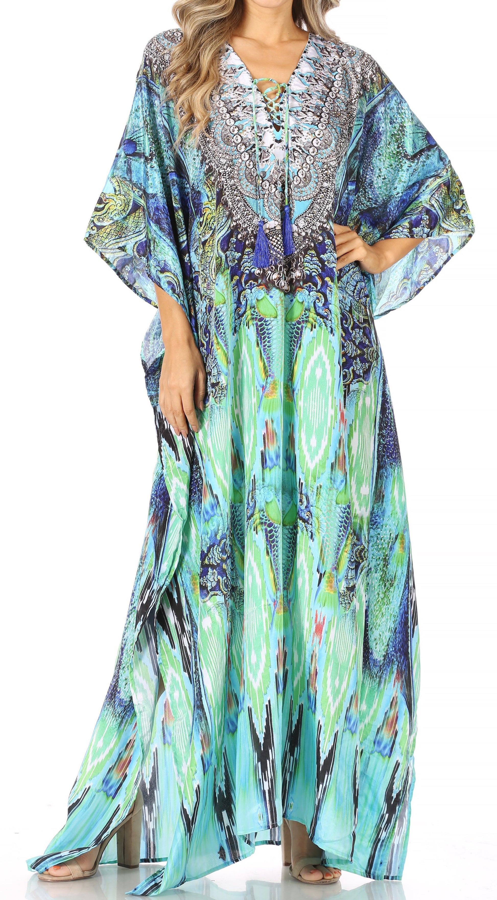 Sakkas Yeni Women's Short Sleeve V-neck Summer Floral Long Caftan Dress Cover-up - Concordia Style Boutique