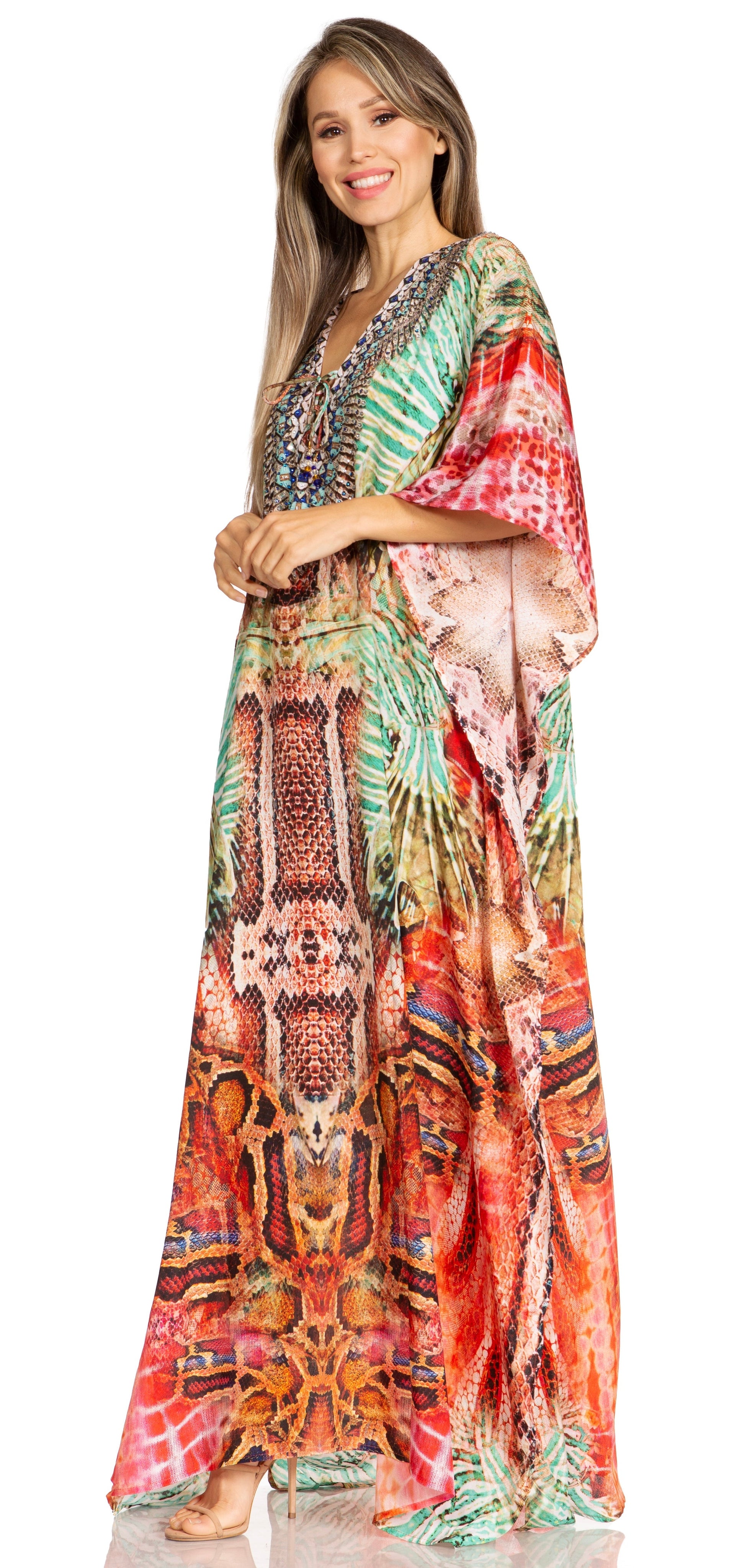 Sakkas Yeni Women's Short Sleeve V-neck Summer Floral Long Caftan Dress Cover-up - Concordia Style Boutique