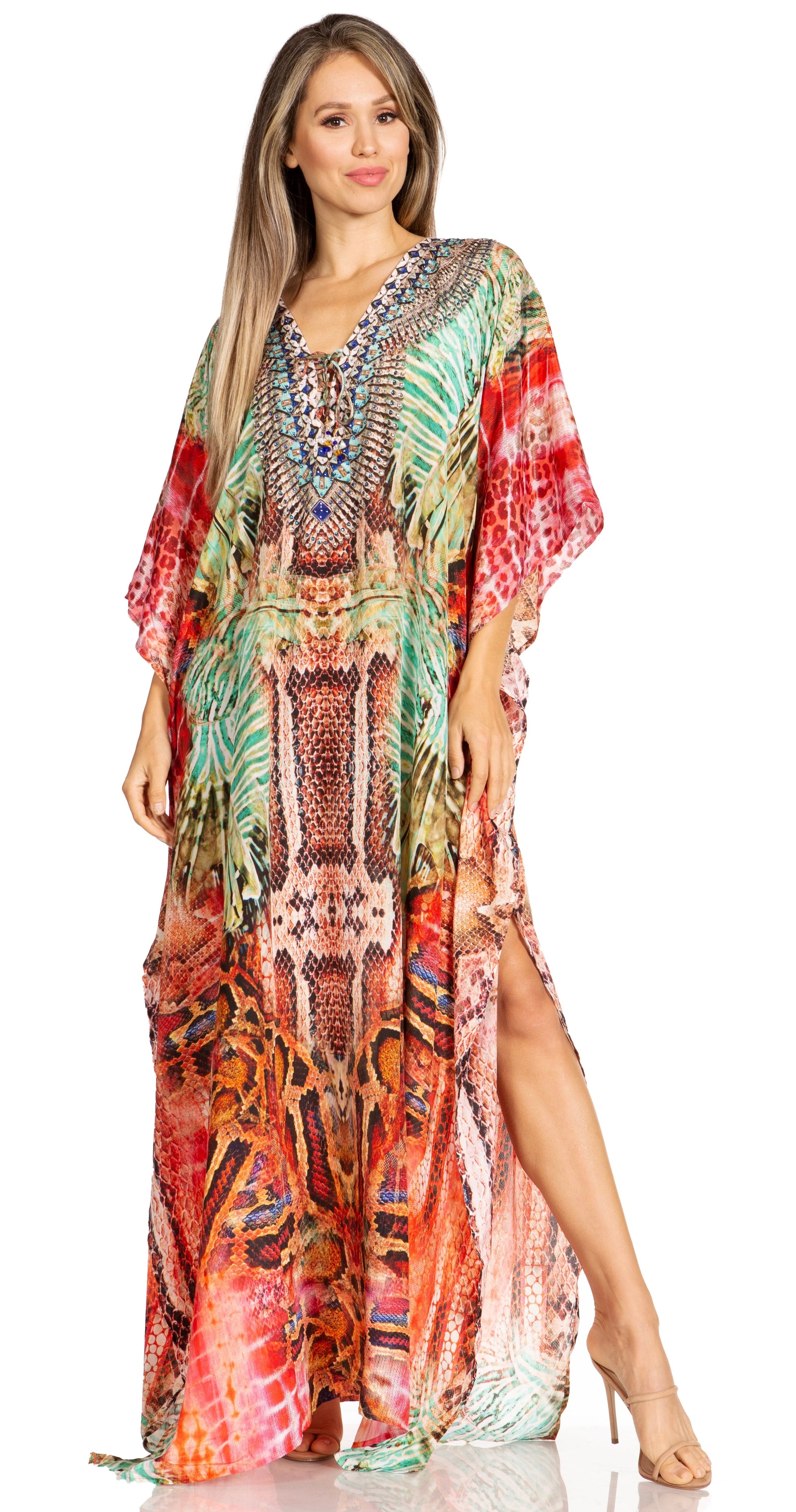 Sakkas Yeni Women's Short Sleeve V-neck Summer Floral Long Caftan Dress Cover-up - Concordia Style Boutique