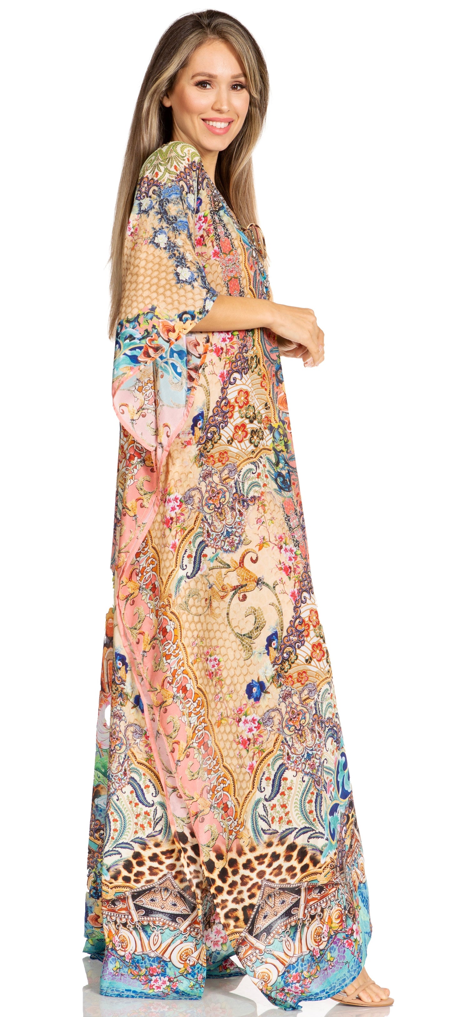 Sakkas Yeni Women's Short Sleeve V-neck Summer Floral Long Caftan Dress Cover-up - Concordia Style Boutique