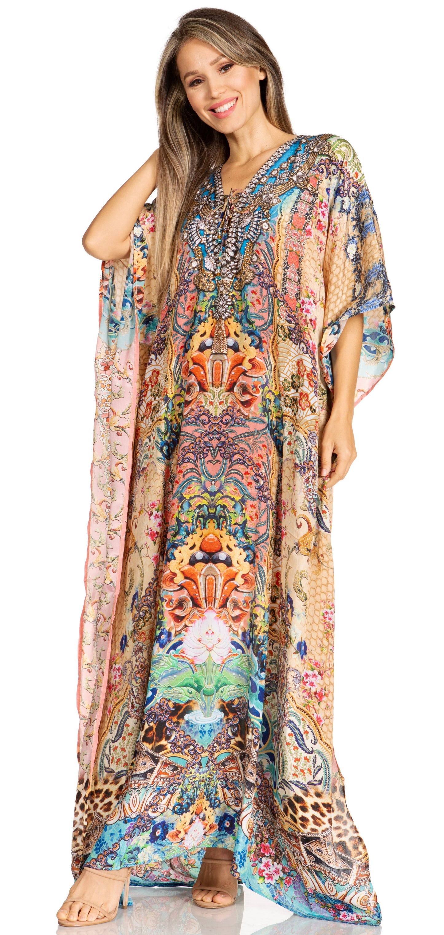 Sakkas Yeni Women's Short Sleeve V-neck Summer Floral Long Caftan Dress Cover-up - Concordia Style Boutique
