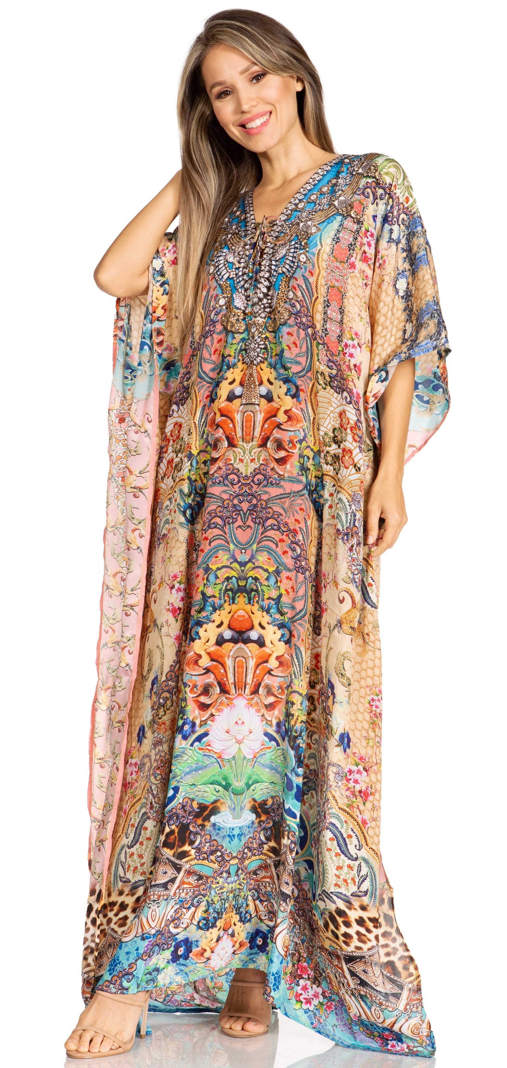 Sakkas Yeni Women's Short Sleeve V-neck Summer Floral Long Caftan Dress Cover-up - Concordia Style Boutique