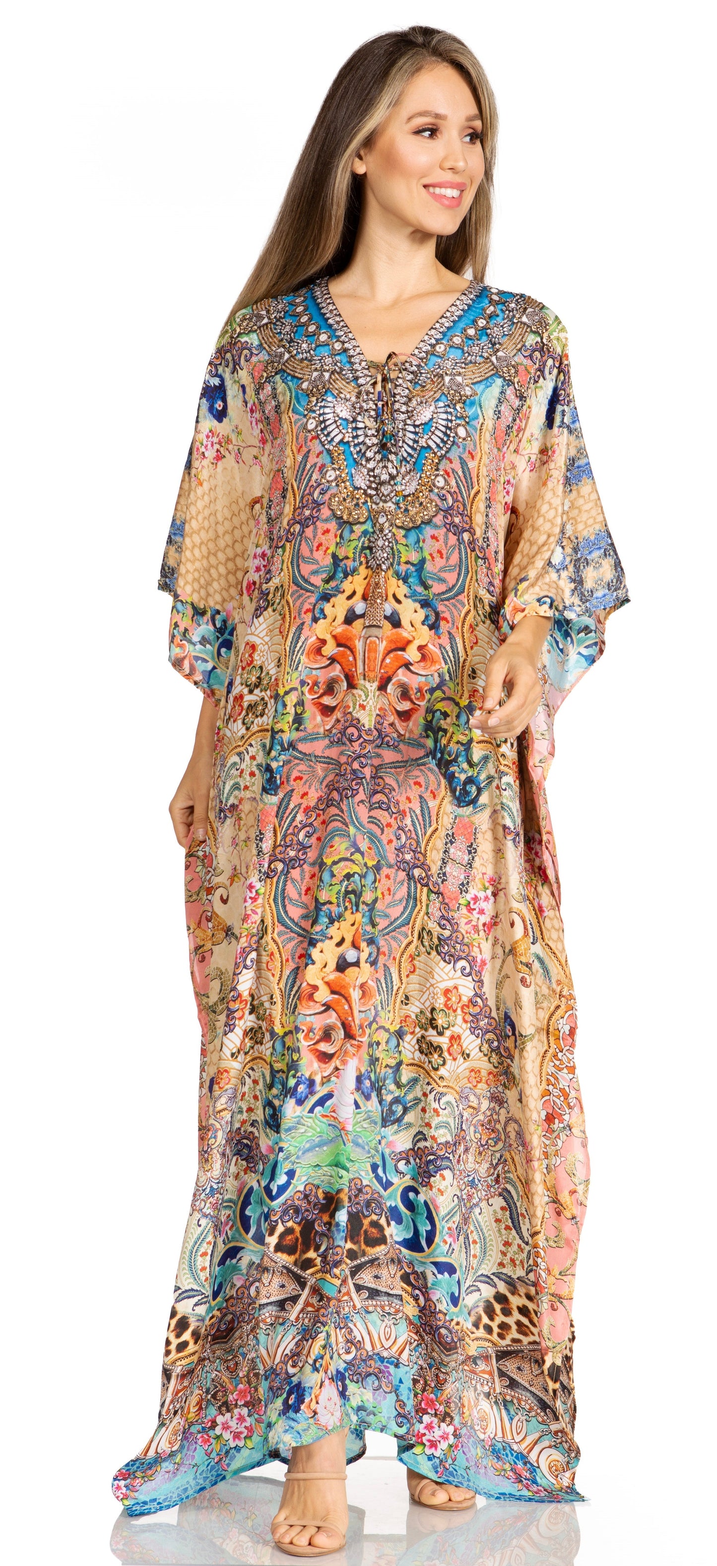 Sakkas Yeni Women's Short Sleeve V-neck Summer Floral Long Caftan Dress Cover-up - Concordia Style Boutique