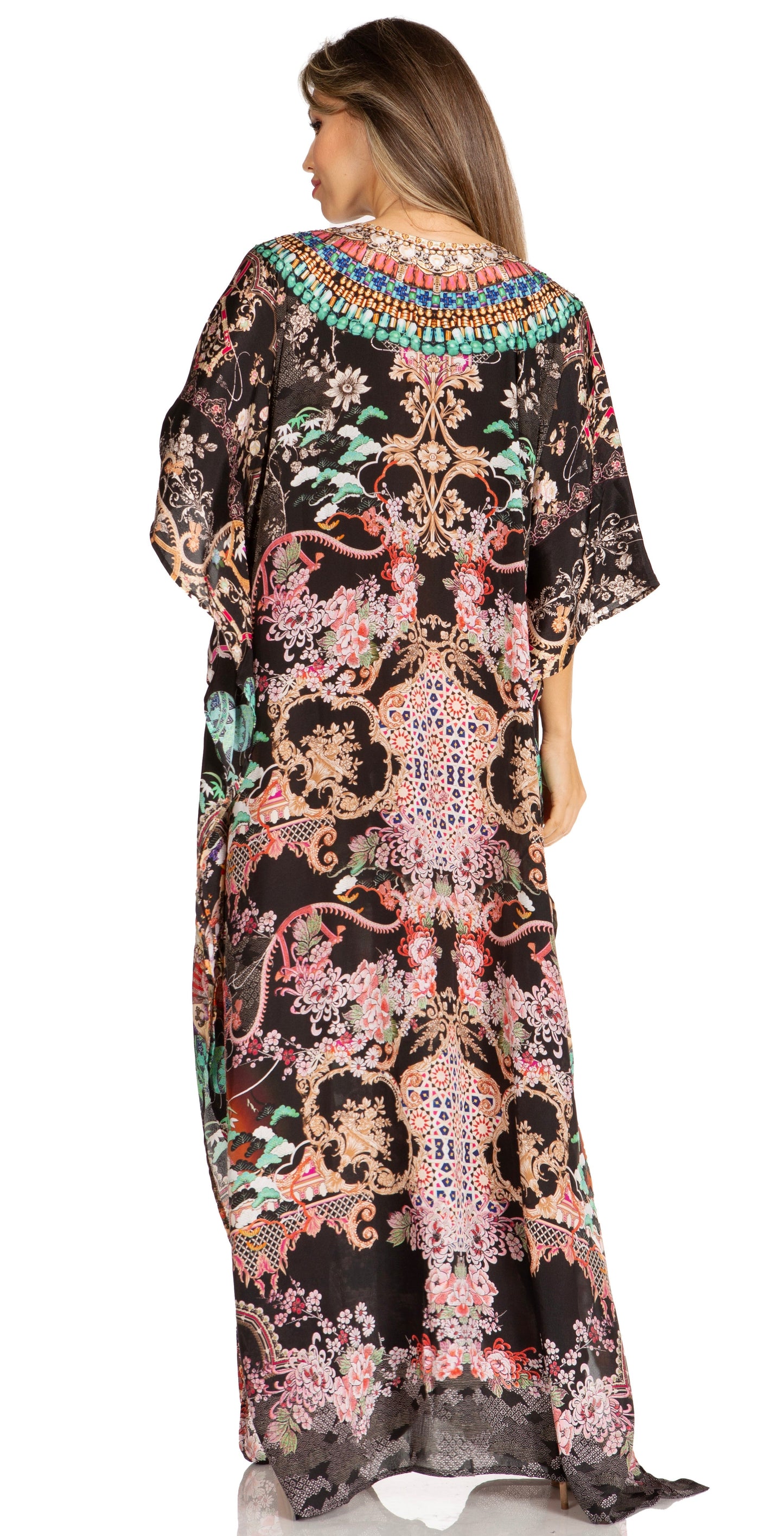 Sakkas Yeni Women's Short Sleeve V-neck Summer Floral Long Caftan Dress Cover-up - Concordia Style Boutique