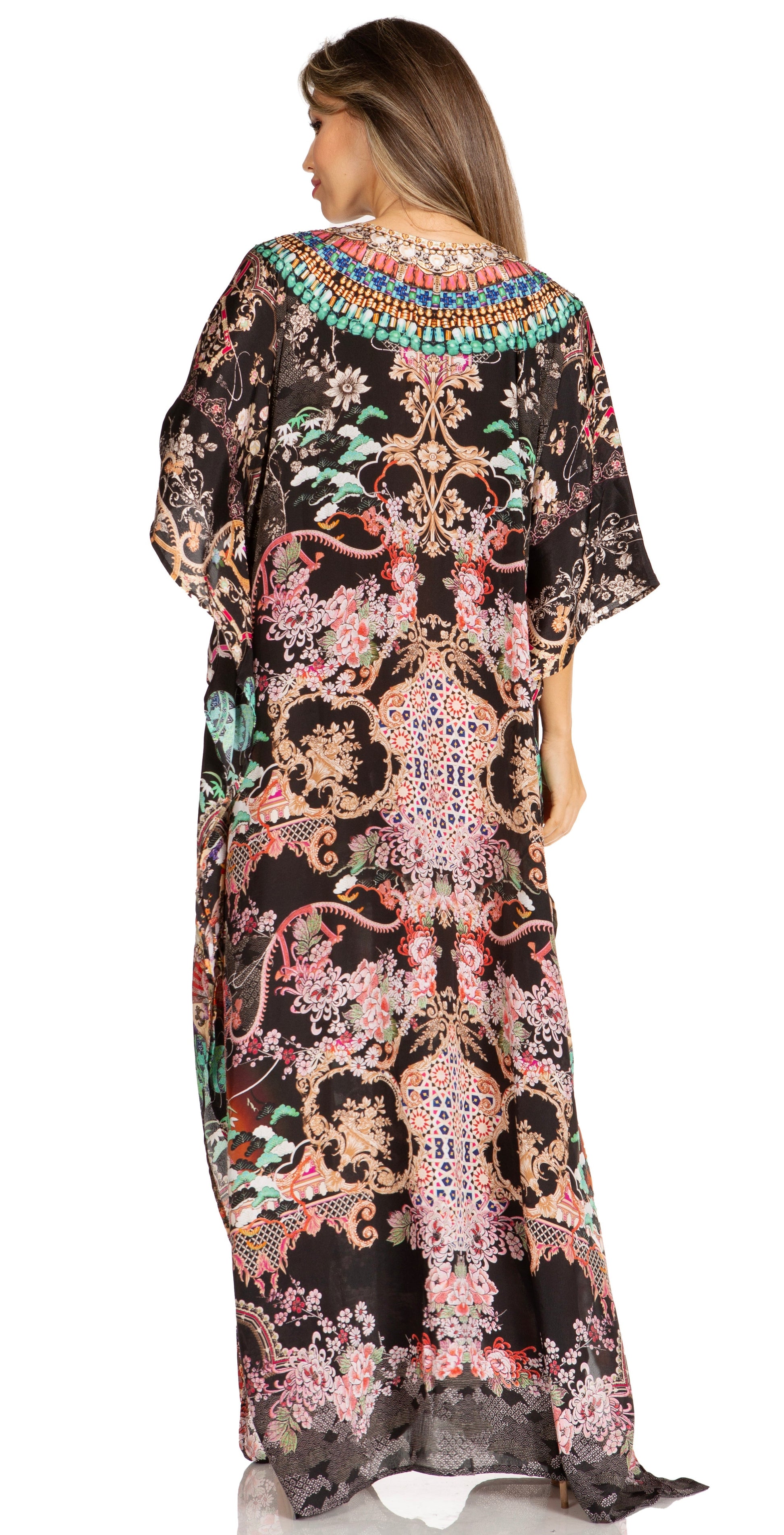 Sakkas Yeni Women's Short Sleeve V-neck Summer Floral Long Caftan Dress Cover-up - Concordia Style Boutique