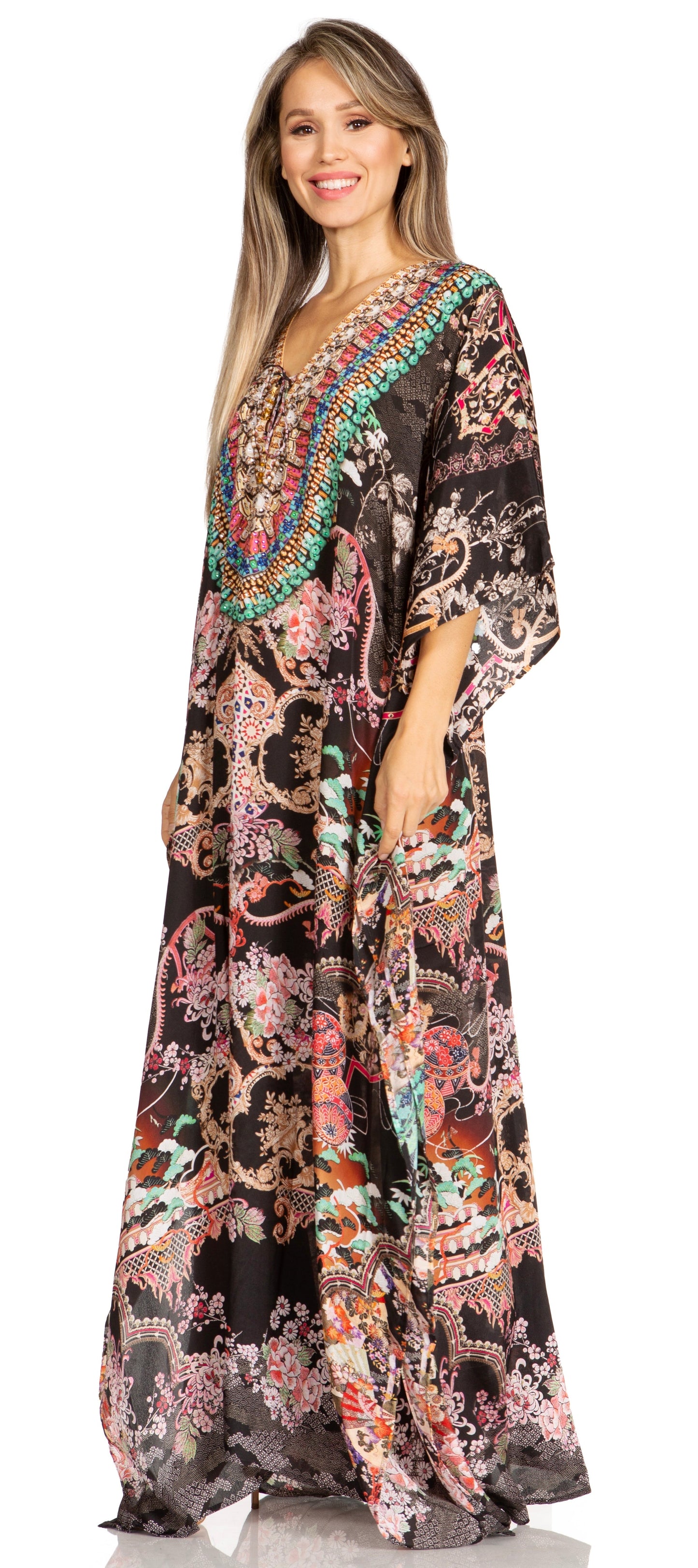 Sakkas Yeni Women's Short Sleeve V-neck Summer Floral Long Caftan Dress Cover-up - Concordia Style Boutique