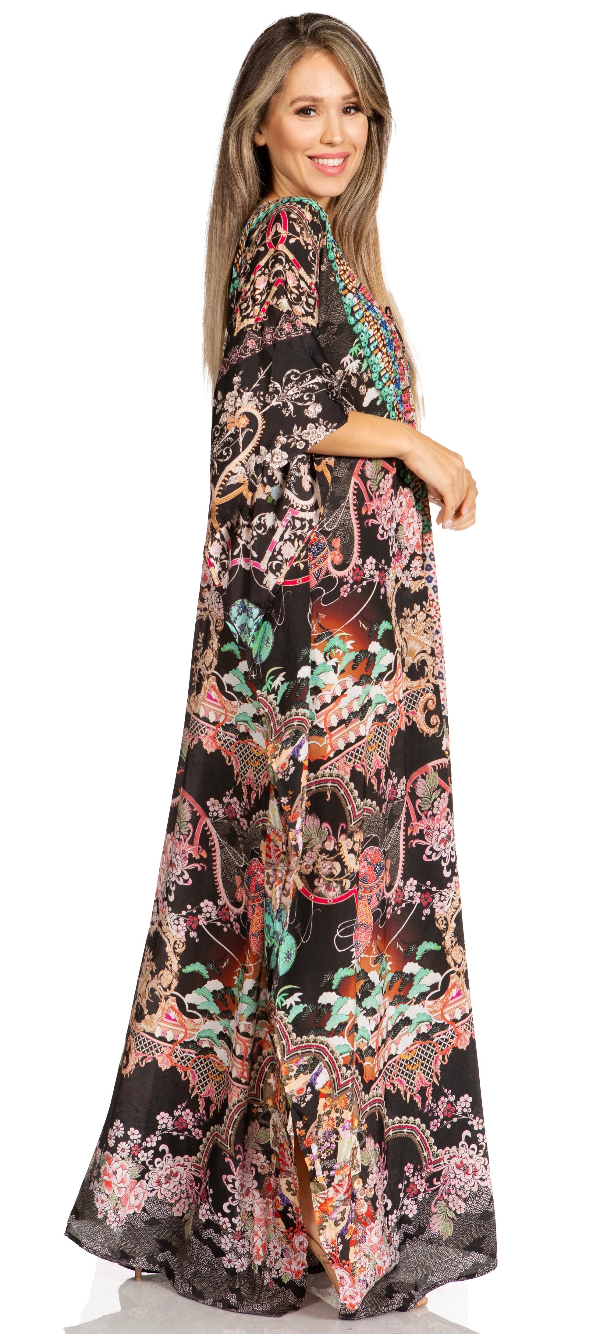 Sakkas Yeni Women's Short Sleeve V-neck Summer Floral Long Caftan Dress Cover-up - Concordia Style Boutique